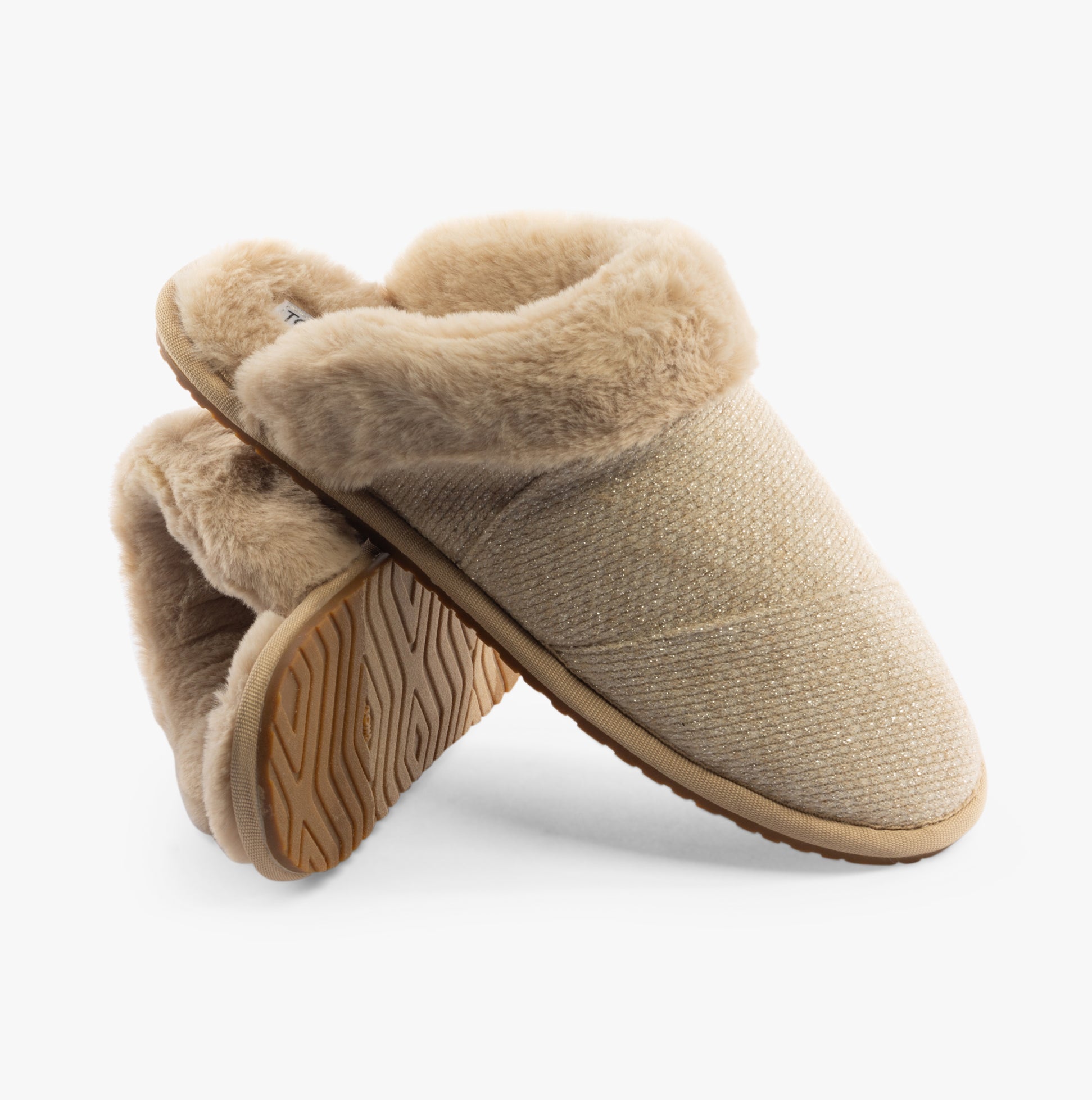 TOMS VALERIE Womens Slippers Natural, side view of beige slippers with warm lining and flat sole.