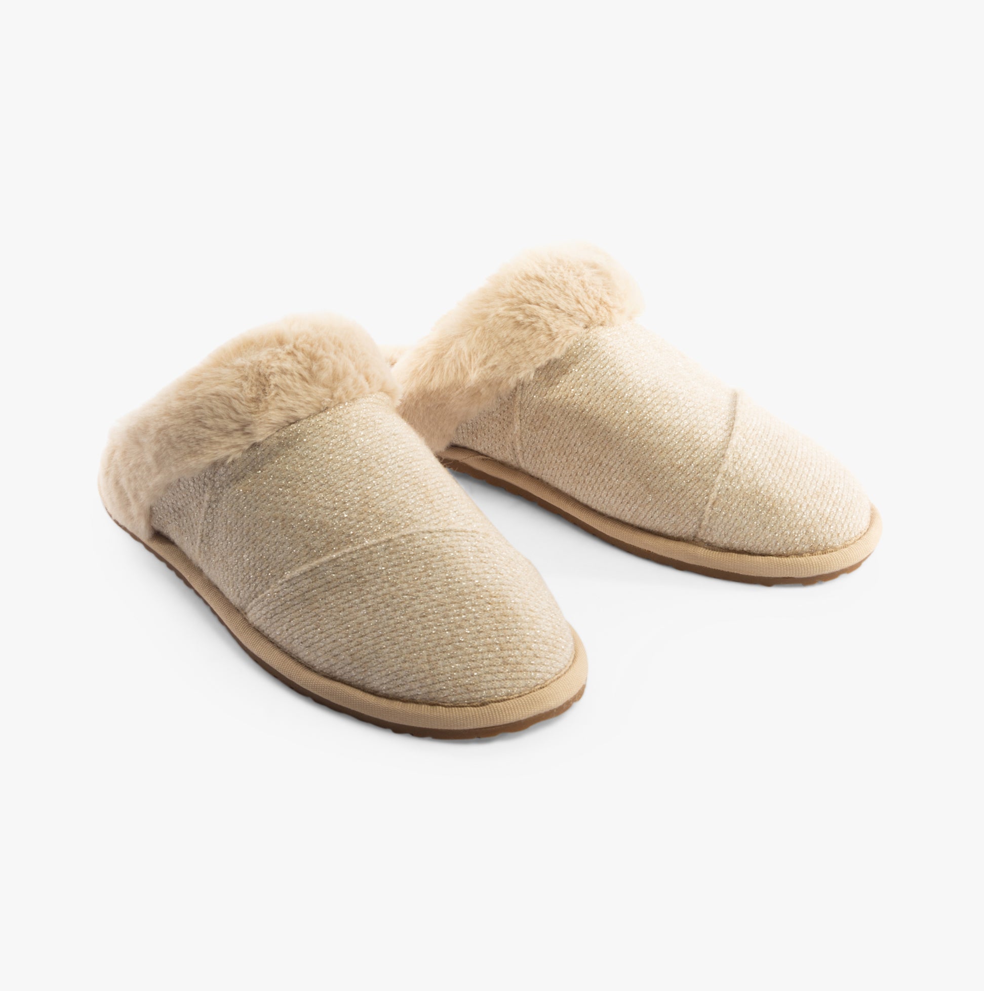 TOMS VALERIE Womens Slippers Natural side view showcasing beige textile upper and warm lining.