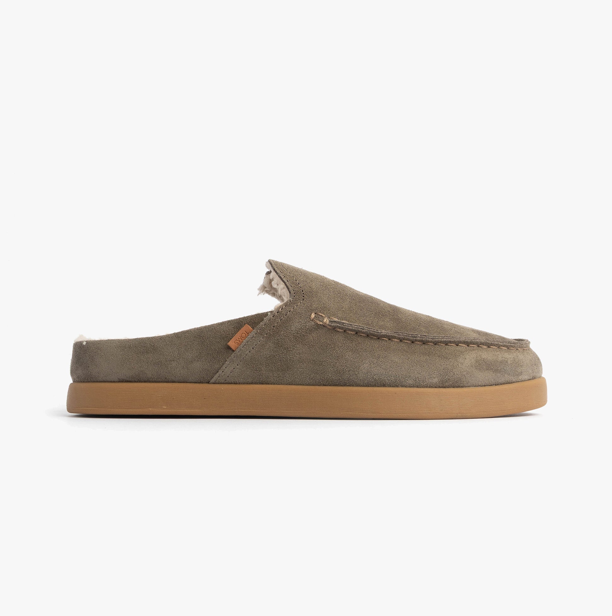 TOMS ALONSO MULE Mens Faux Shearling Lined Slippers Olive side view showing suede upper and rubber sole.