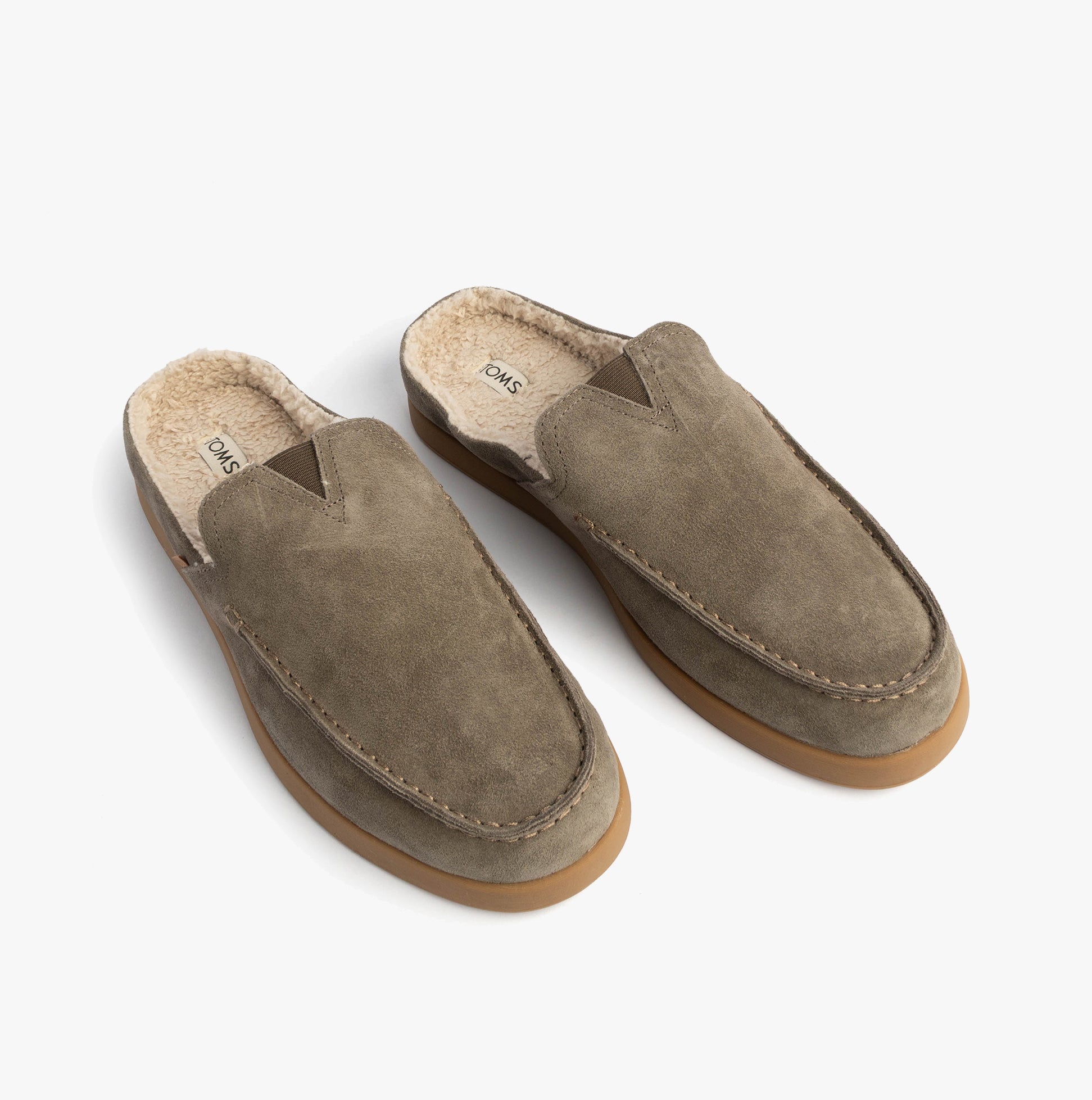TOMS ALONSO MULE Mens Faux Shearling Lined Slippers Olive top view featuring suede leather upper and warm shearling lining.