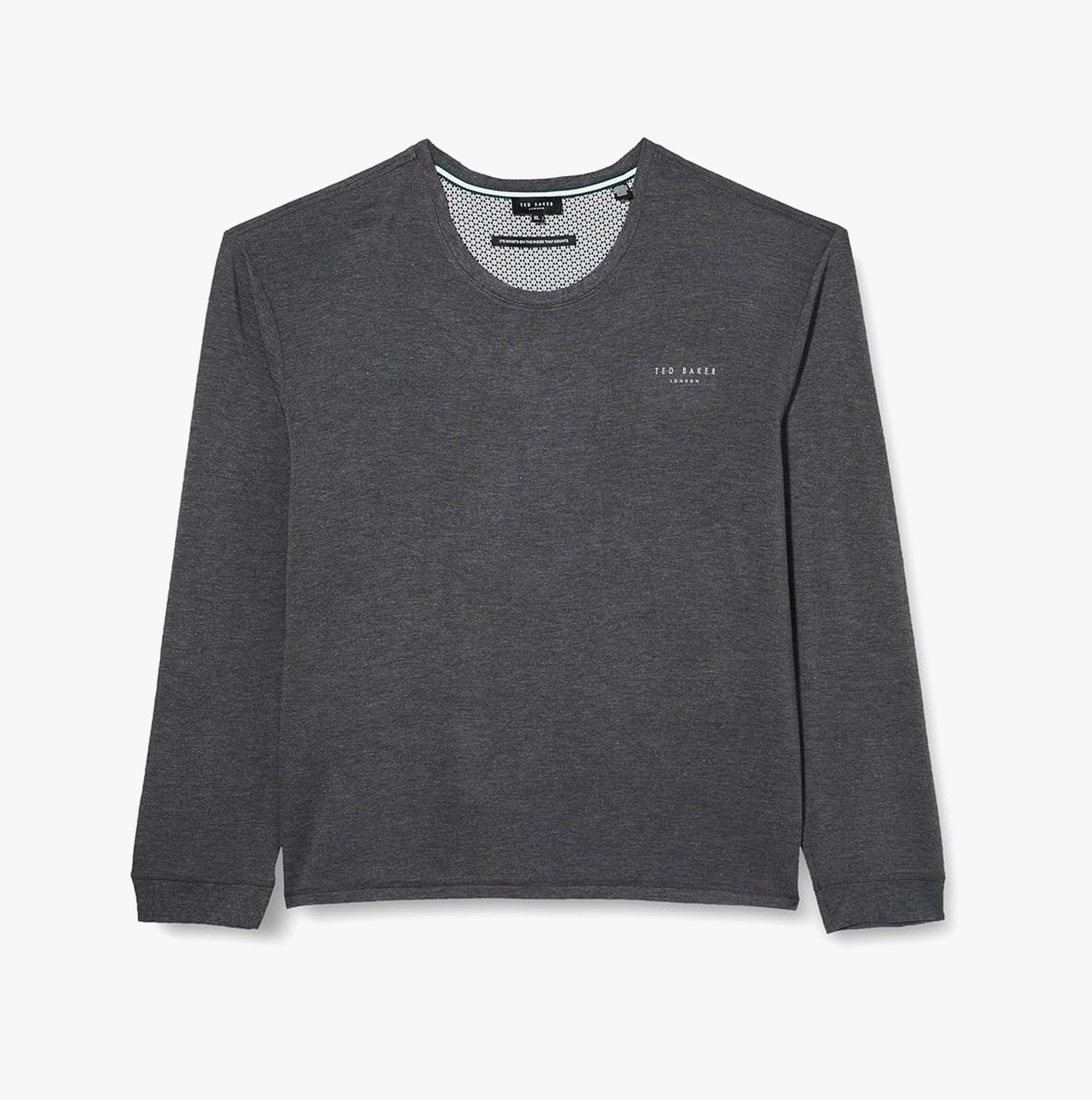 Ted Baker SUPER SOFT Long Sleeve Top Mens Dark Grey front view, showcasing the soft material and logo detail.