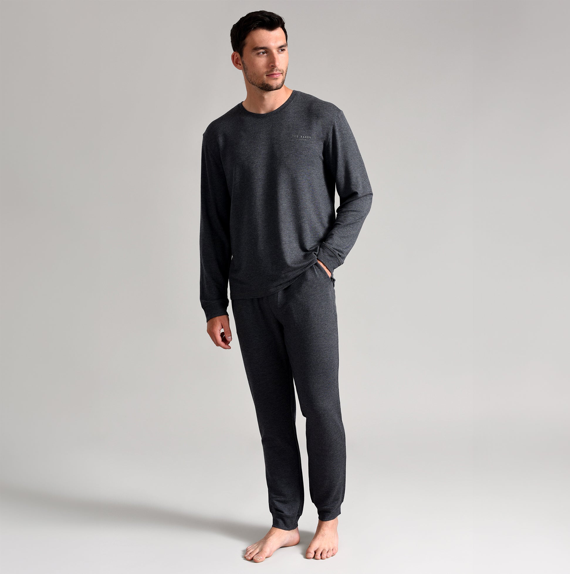 Ted Baker SUPER SOFT Long Sleeve Top Mens Dark Grey front view model wearing top and matching bottoms