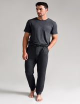 Ted Baker SUPER SOFT T-Shirt Mens Dark Grey front view on model with matching dark grey pants.