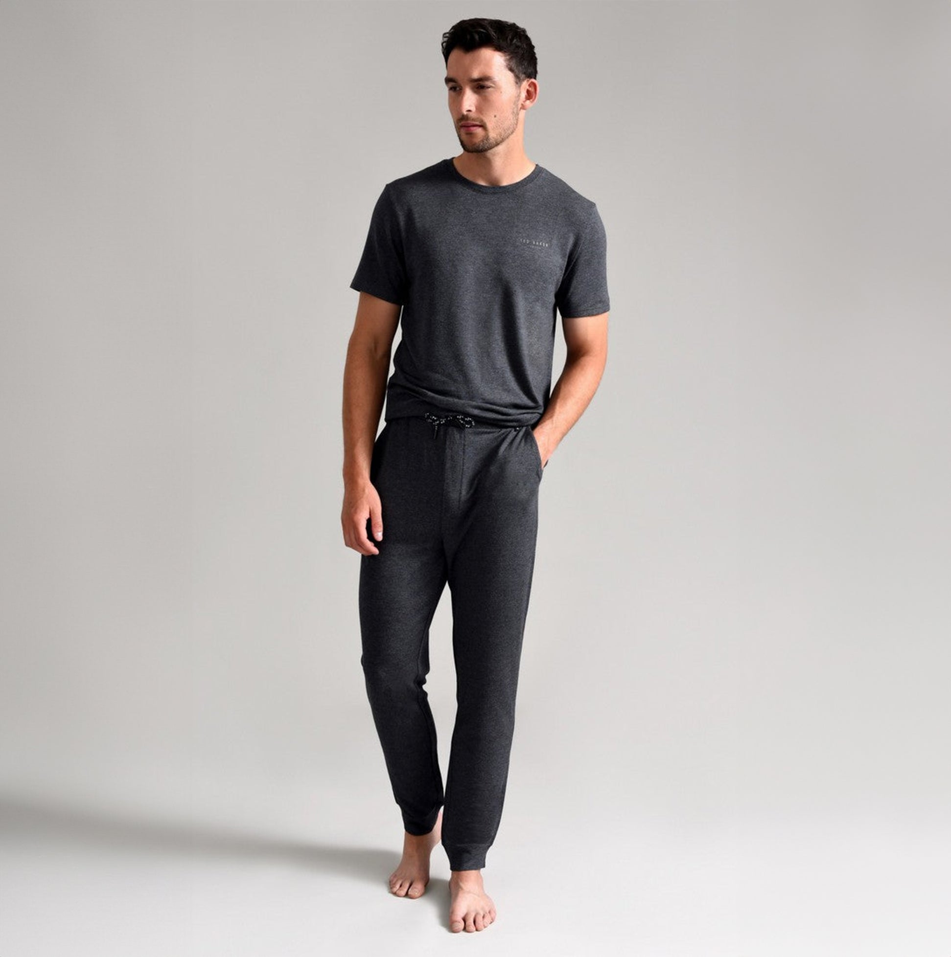 Ted Baker SUPER SOFT Joggers Mens Dark Grey in front view, featuring a comfortable drawstring waist and soft fabric.