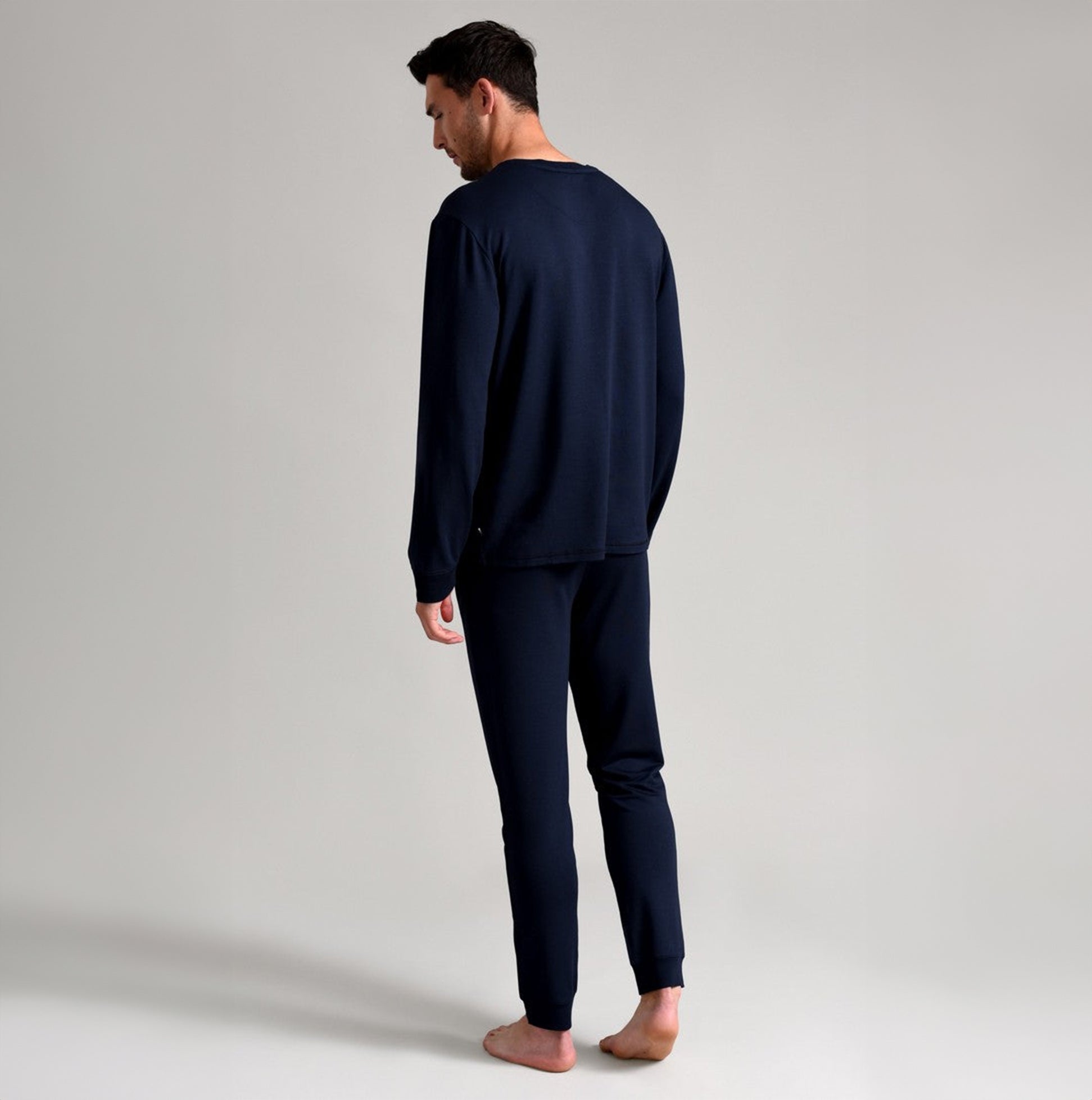 Ted Baker SUPER SOFT Joggers Mens Navy back view on model, showcasing comfort and drawstring waist.