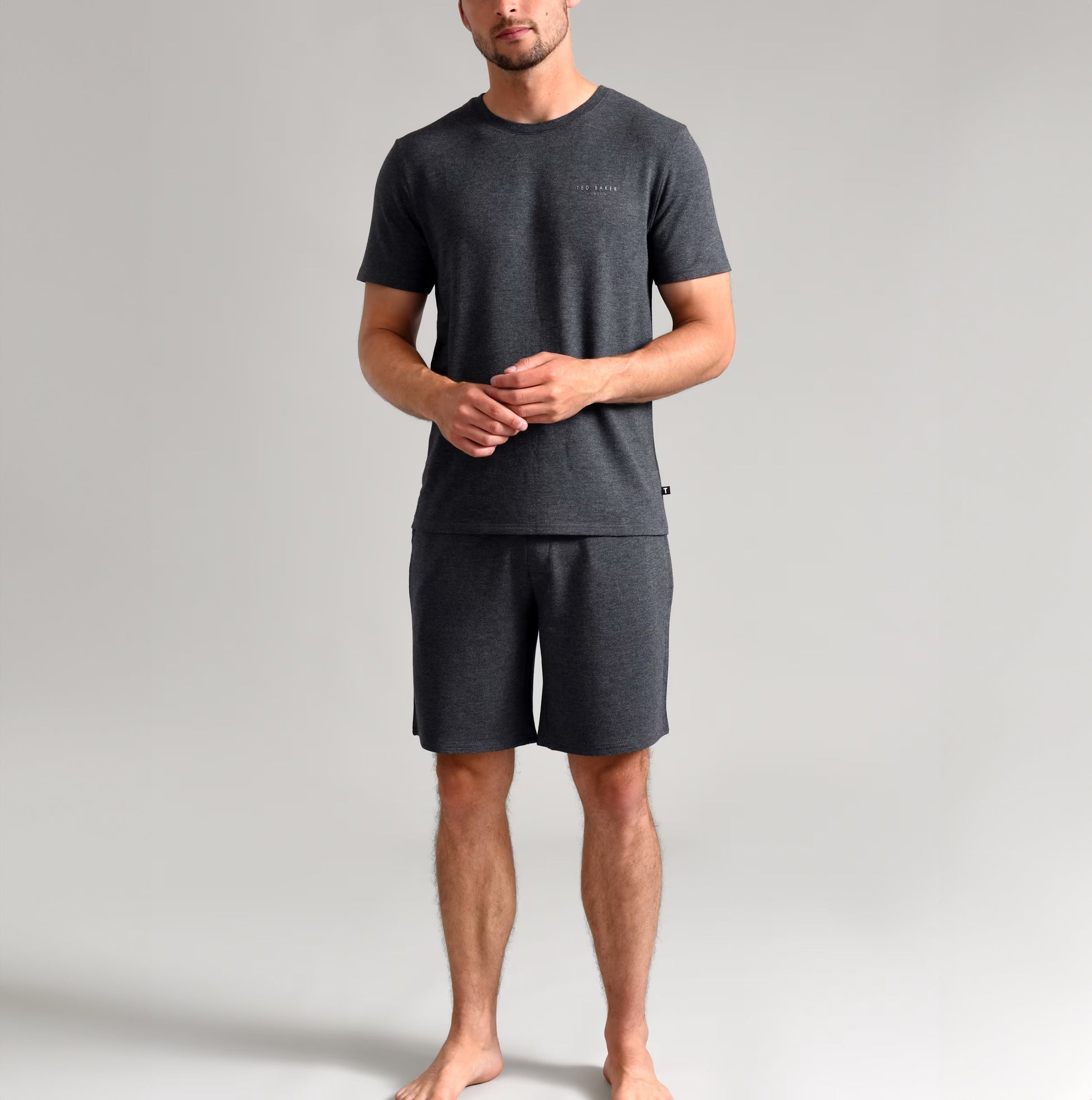 Ted Baker SUPER SOFT Shorts Mens Dark Grey, front view showcasing shorts and matching top in dark grey color.