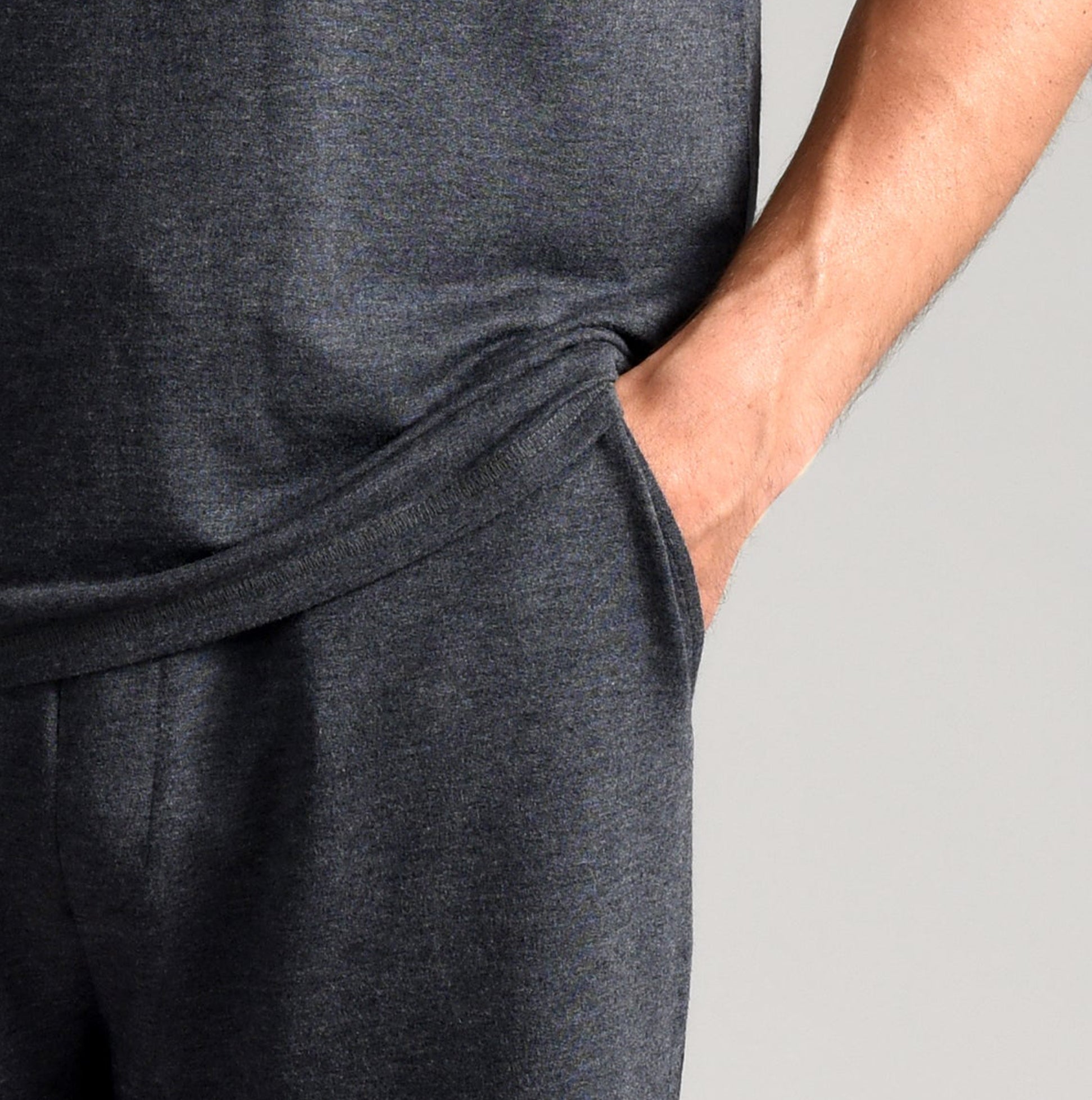 Ted Baker SUPER SOFT Shorts Mens Dark Grey detail view showcasing side pockets and fabric texture.
