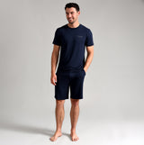 Ted Baker SUPER SOFT Shorts Mens Navy front view, model wearing navy shorts and tee, showcasing comfort and style.