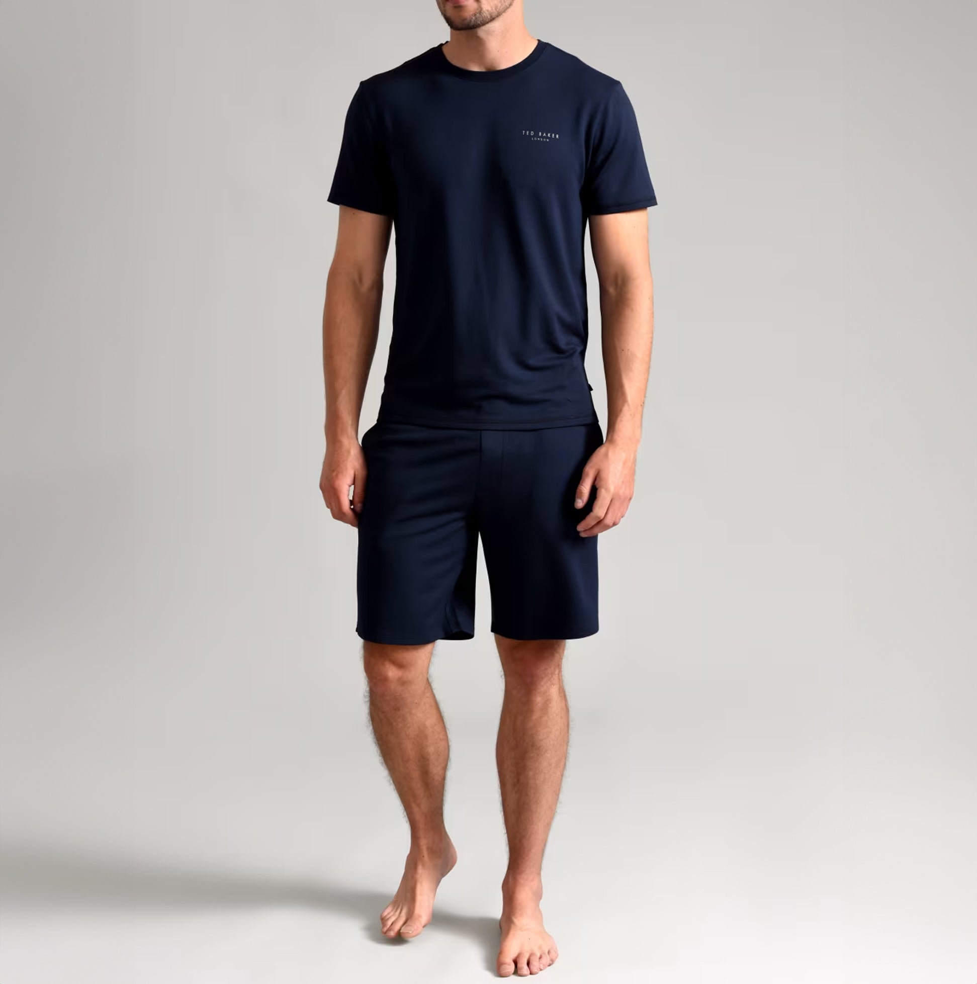 Ted Baker SUPER SOFT Shorts Mens Navy front view with matching tee, showcasing comfort and style.