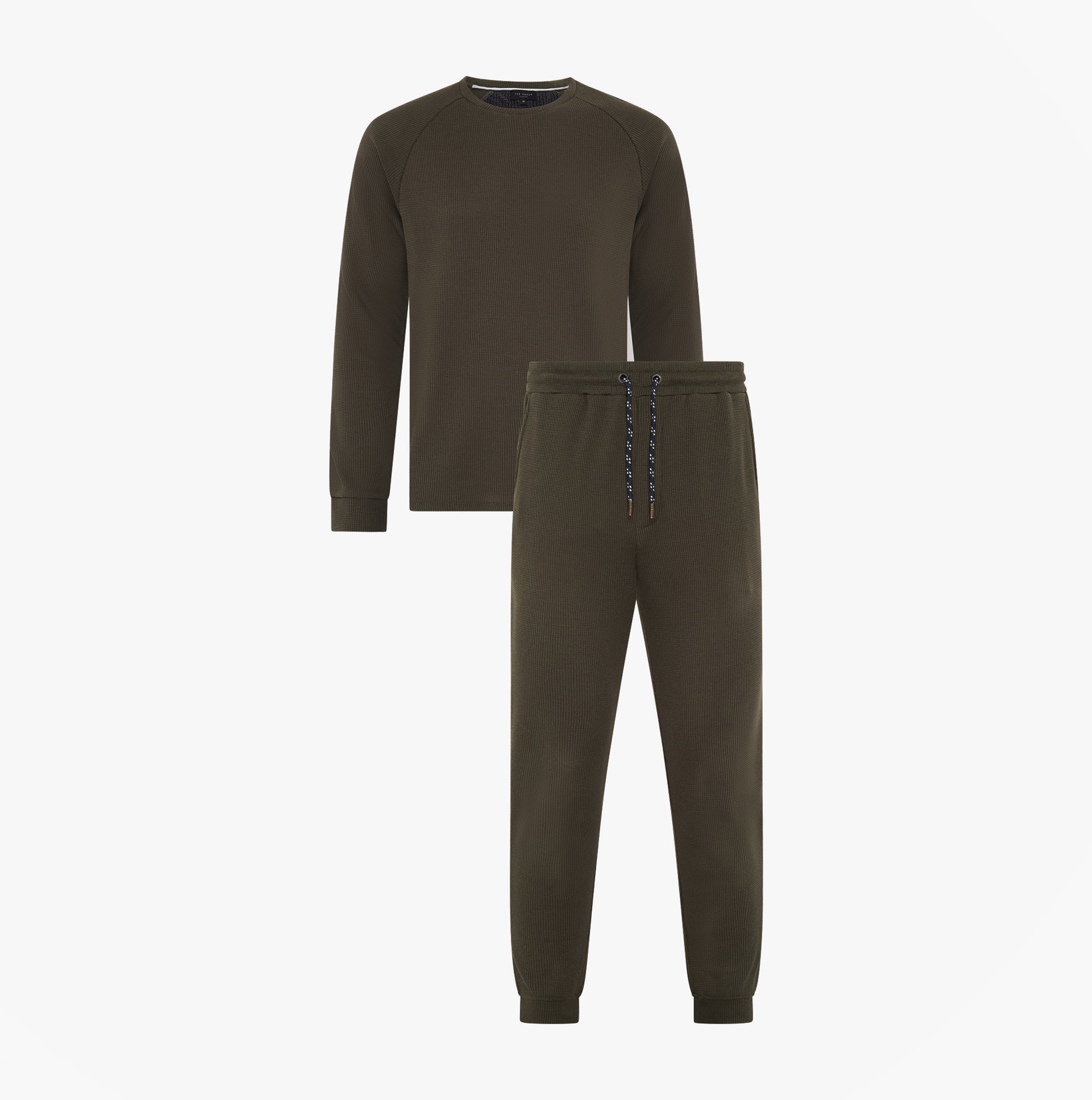 Ted Baker WAFFLE Pyjama SET Mens Loungewear Khaki front view showcasing the top and bottom pieces.