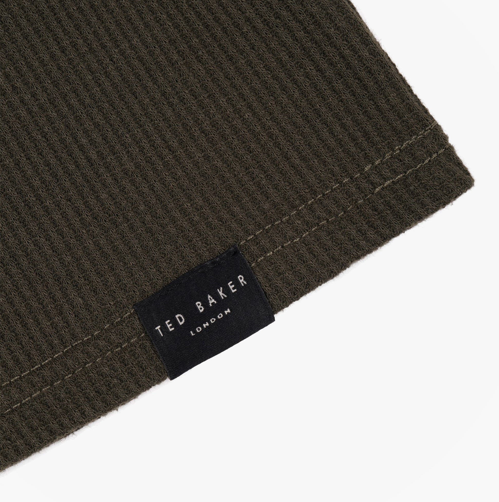 Ted Baker WAFFLE Loungewear Mens Set Khaki close-up view of the fabric texture and brand label.