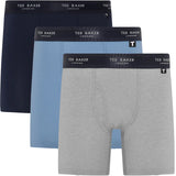 Ted Baker 3-Pack Cotton Boxer Briefs Mens Black/White/Grey front view showcasing navy, light blue, and grey boxer briefs.