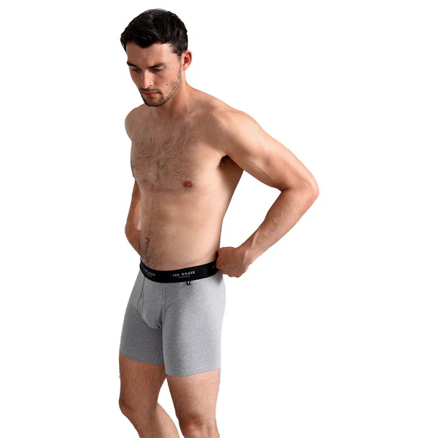 Ted Baker 3-Pack Cotton Boxer Briefs Mens Black/White/Grey side view of model wearing grey boxer briefs