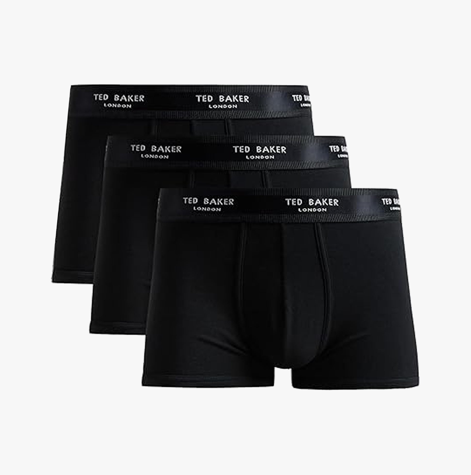 Ted Baker 3-Pack Cotton Trunks Mens Black, front view, showcasing three black trunks with elasticated waistbands.