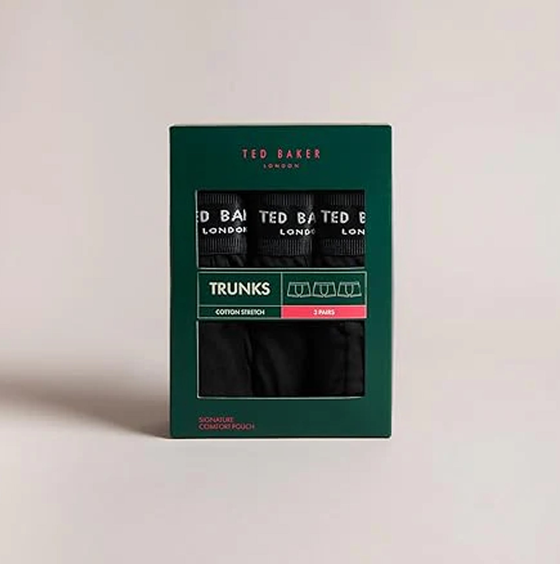 Ted Baker 3-Pack Cotton Trunks Mens Black in gift box, featuring three pairs of black cotton trunks.