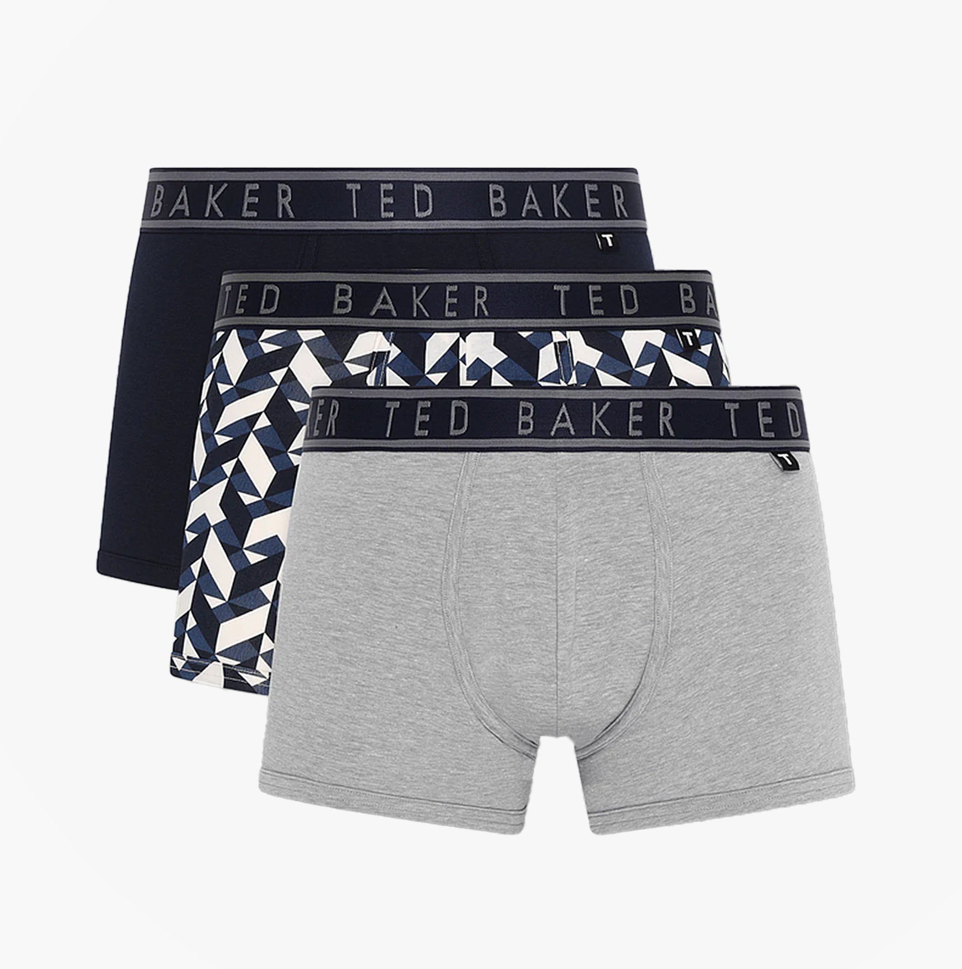 Ted Baker 3 Pack Cotton Trunks Mens Navy/Chevron/Heather Grey side view showing three trunks in navy, chevron, and grey.