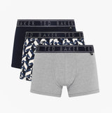 Ted Baker 3 Pack Cotton Trunks Mens Navy/Chevron/Heather Grey side view showing three trunks in navy, chevron, and grey.