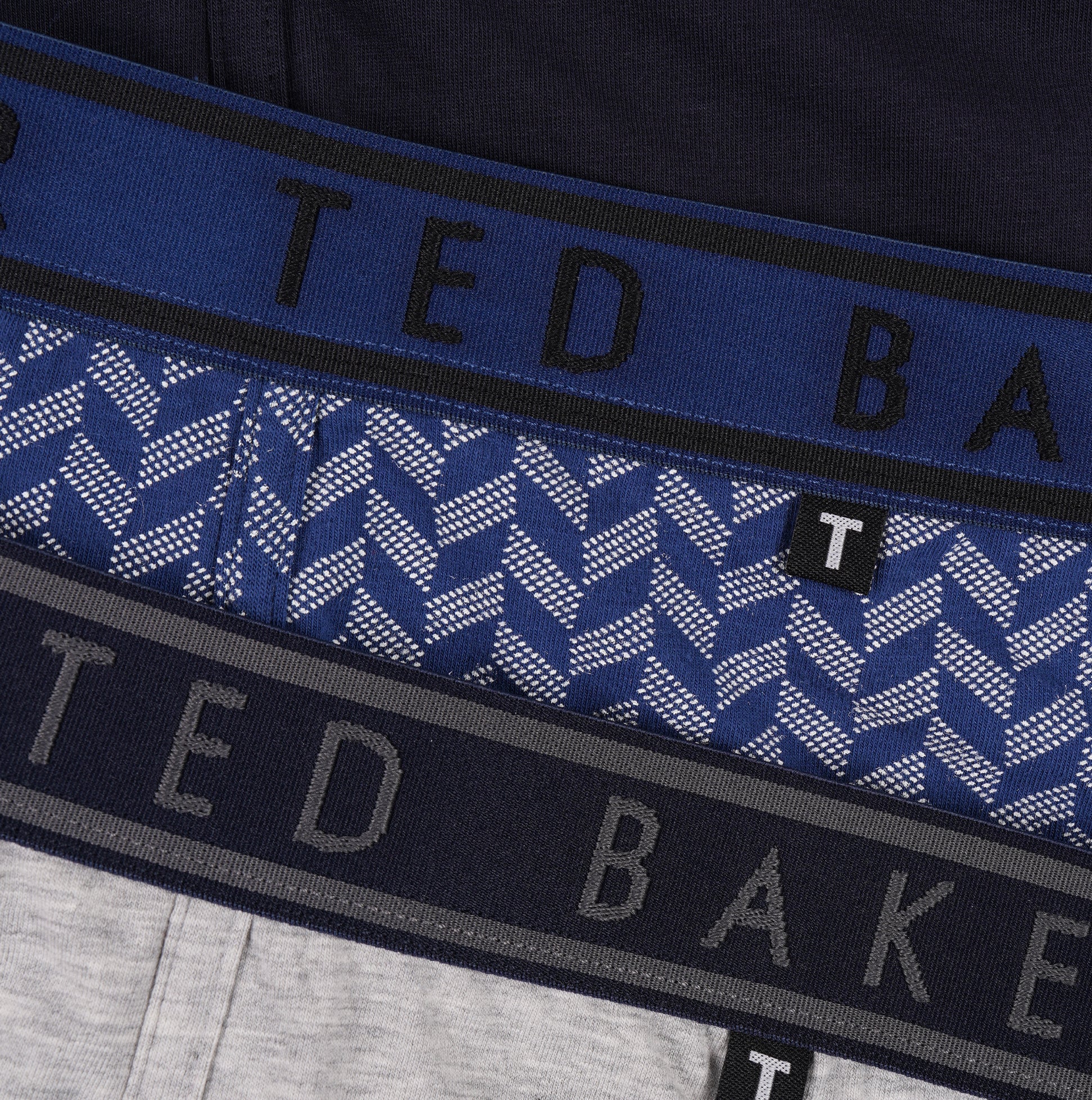Ted Baker 3-Pack Cotton Boxer Briefs Mens Boxer Briefs Multi displayed from the front showcasing elastic waistbands in navy and grey.