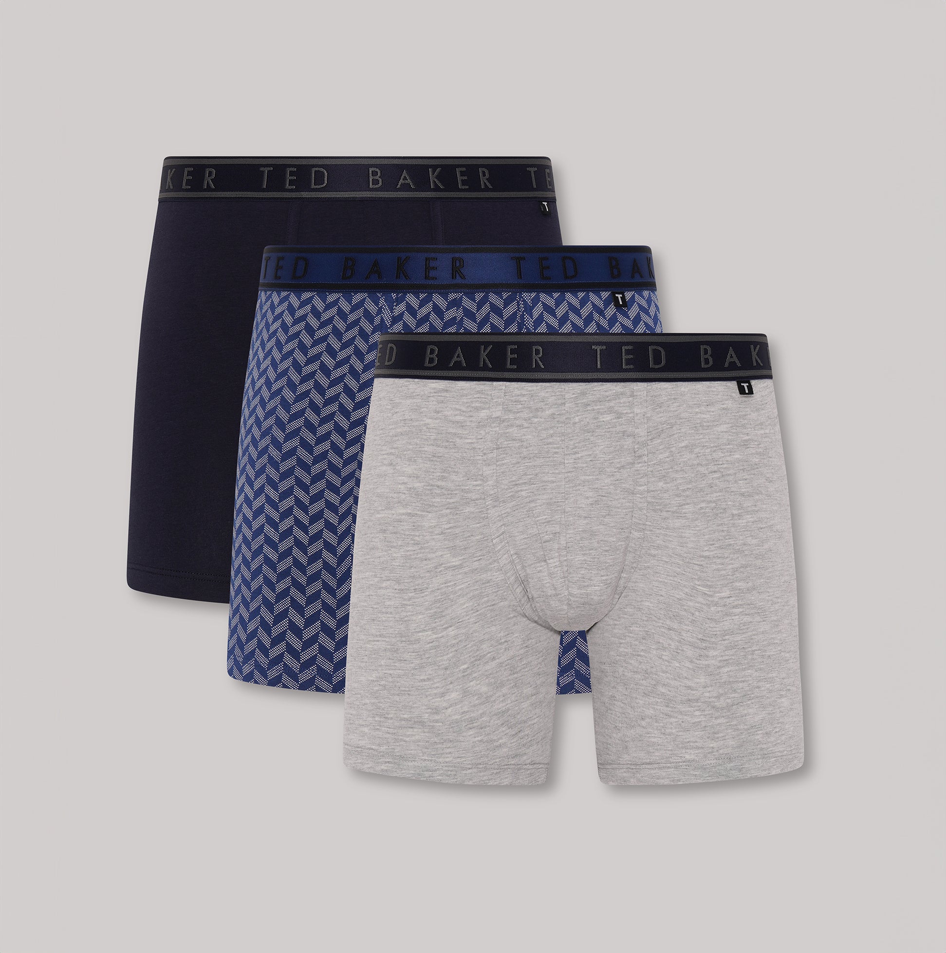 Ted Baker 3-Pack Cotton Boxer Briefs Mens Boxer Briefs Multi - front view showing three designs in navy, gray, and patterned colors.