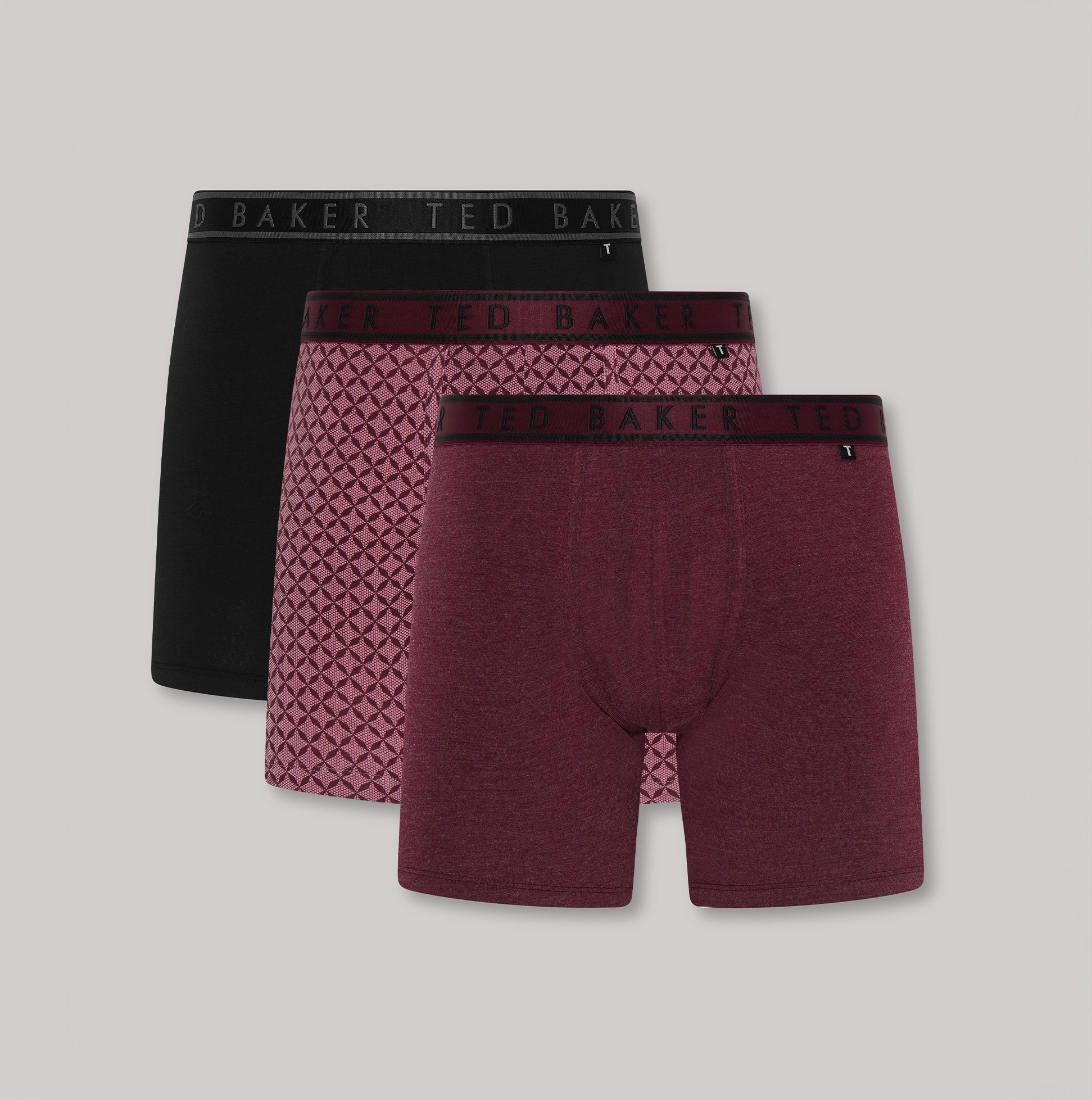 Ted Baker 3-Pack Cotton Boxer Briefs Mens Boxer Briefs Multi in black, patterned, and burgundy views displayed.