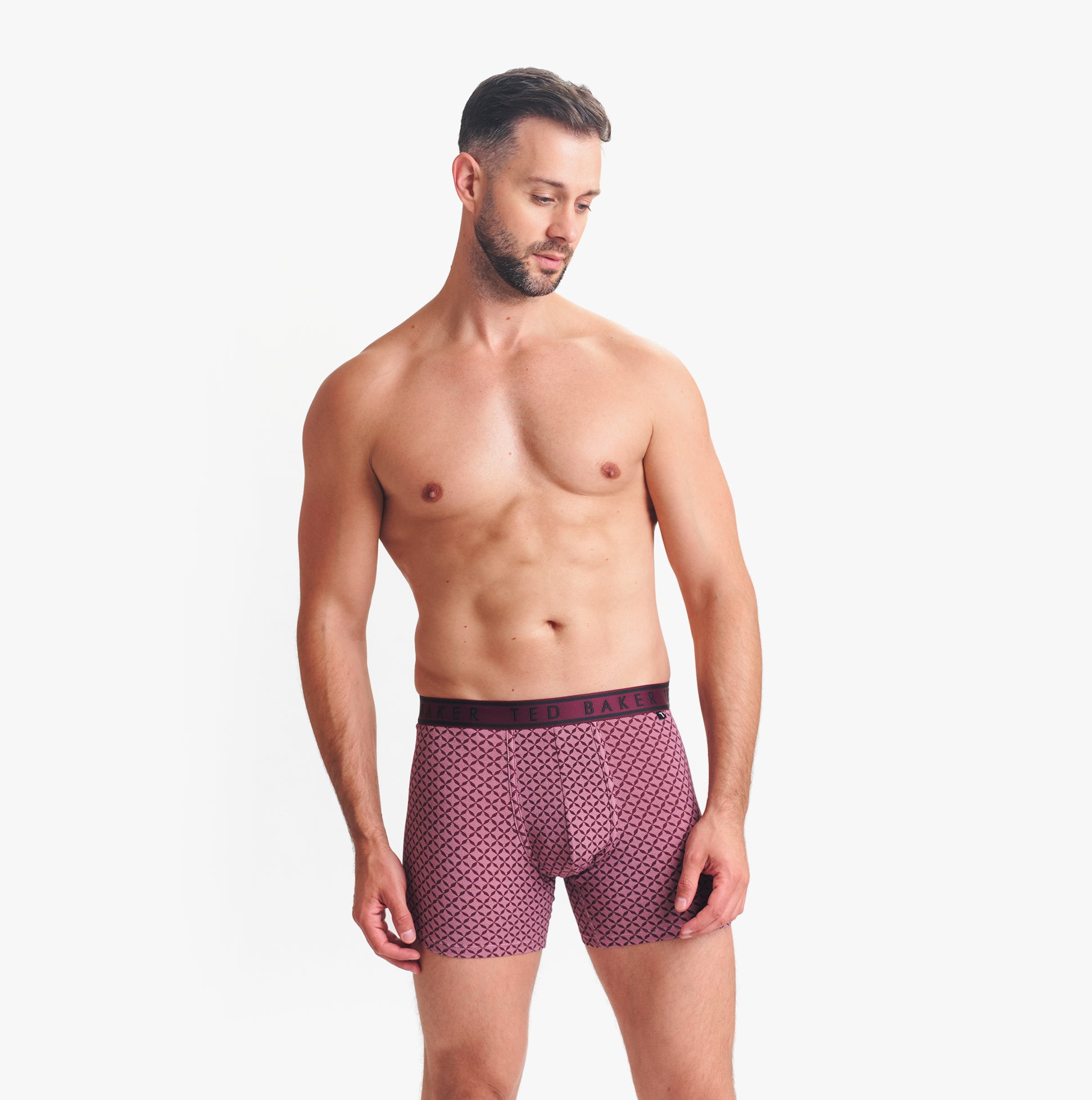 Ted Baker 3-Pack Cotton Boxer Briefs Mens Boxer Briefs Multi side view model wearing maroon patterned boxer briefs