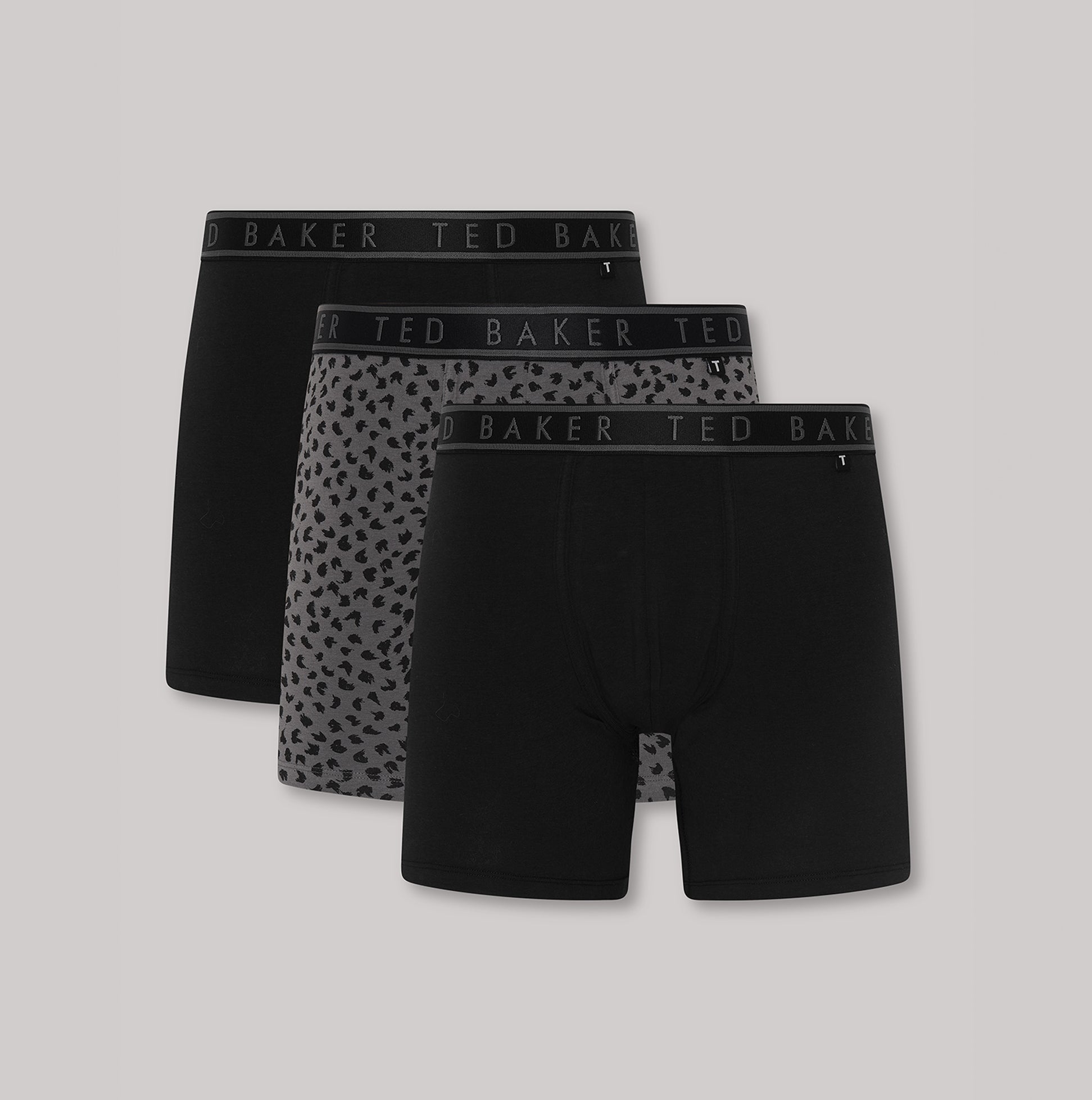 Ted Baker 3-Pack Cotton Boxer Briefs Mens Boxer Briefs Multi in a front view, featuring solid black and pattern designs.