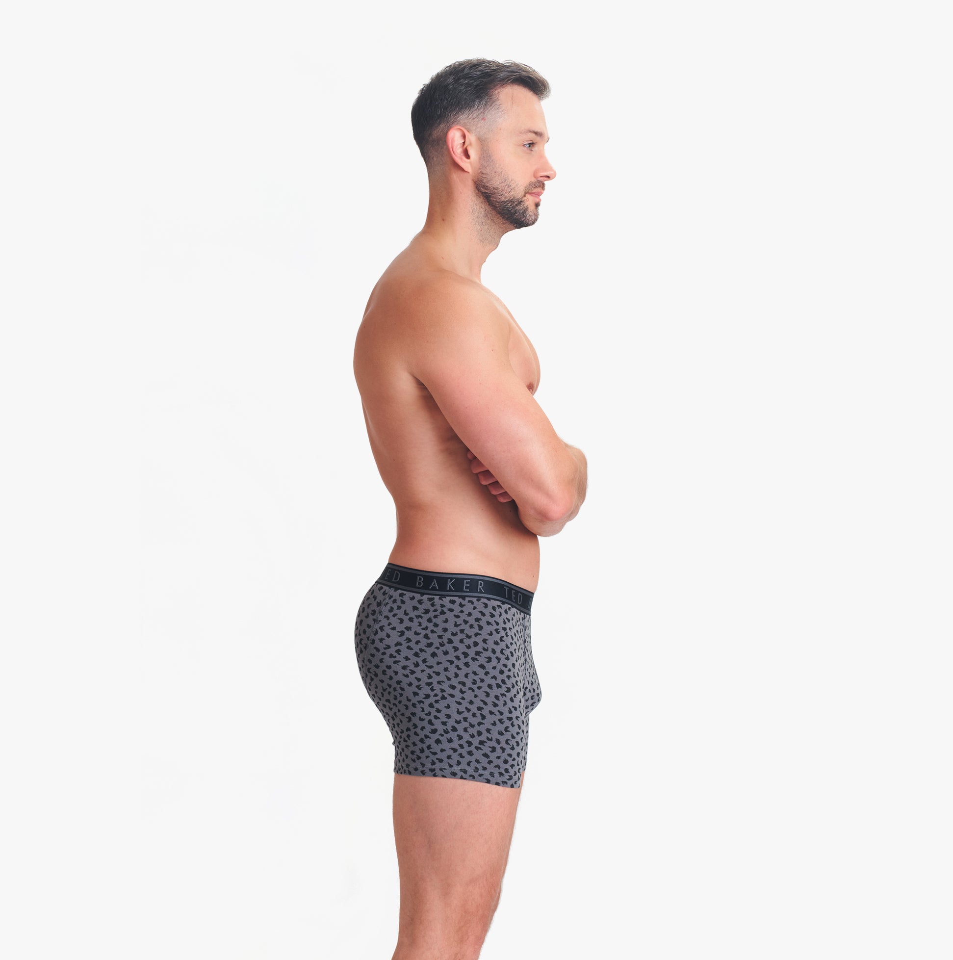 Ted Baker 3-Pack Cotton Boxer Briefs Mens Boxer Briefs Multi side view of model wearing boxer briefs with grey dotted pattern.