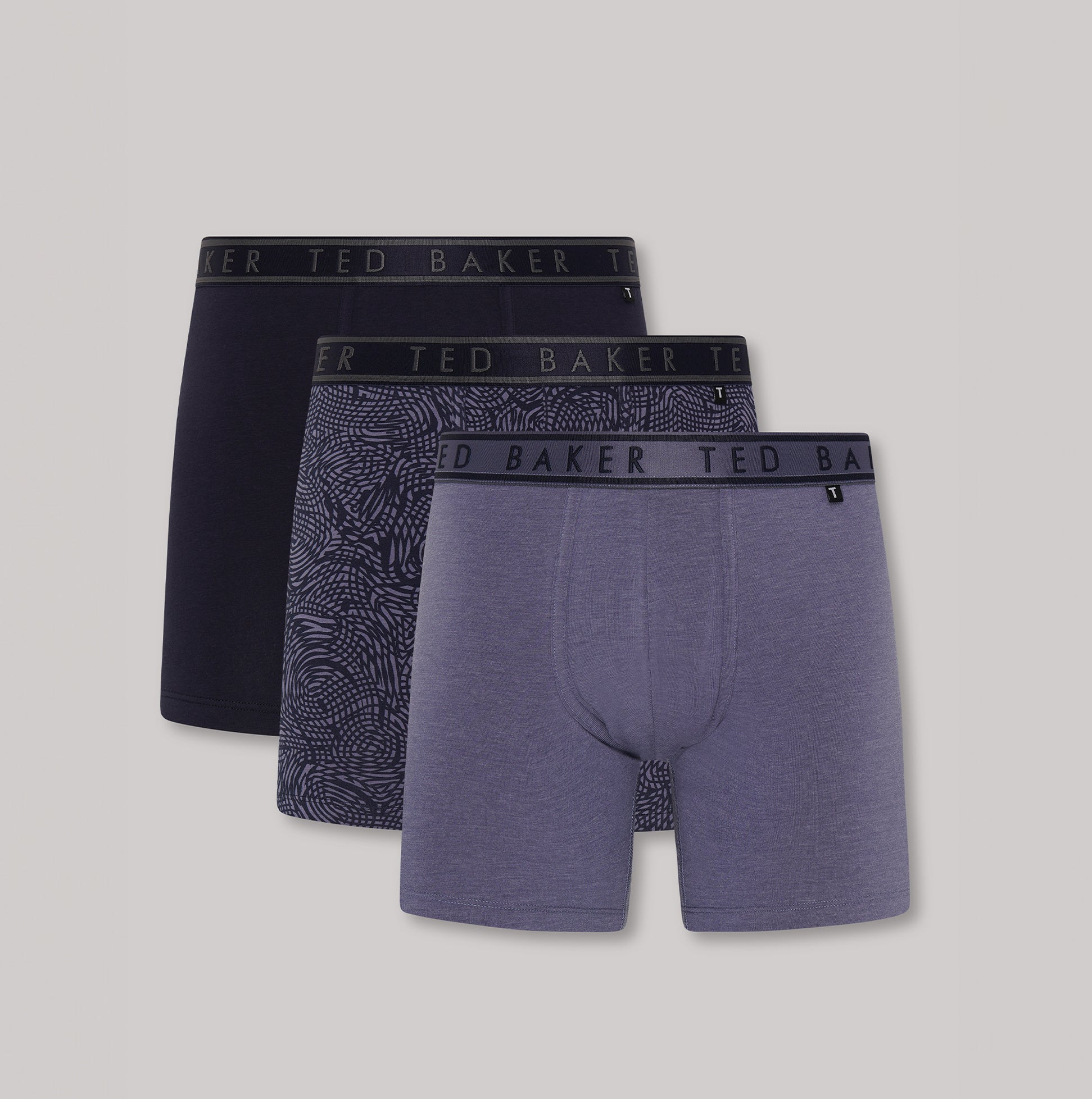 Ted Baker 3-Pack Cotton Boxer Briefs Mens Boxer Briefs Multi in navy, patterned, and grey colors side view.