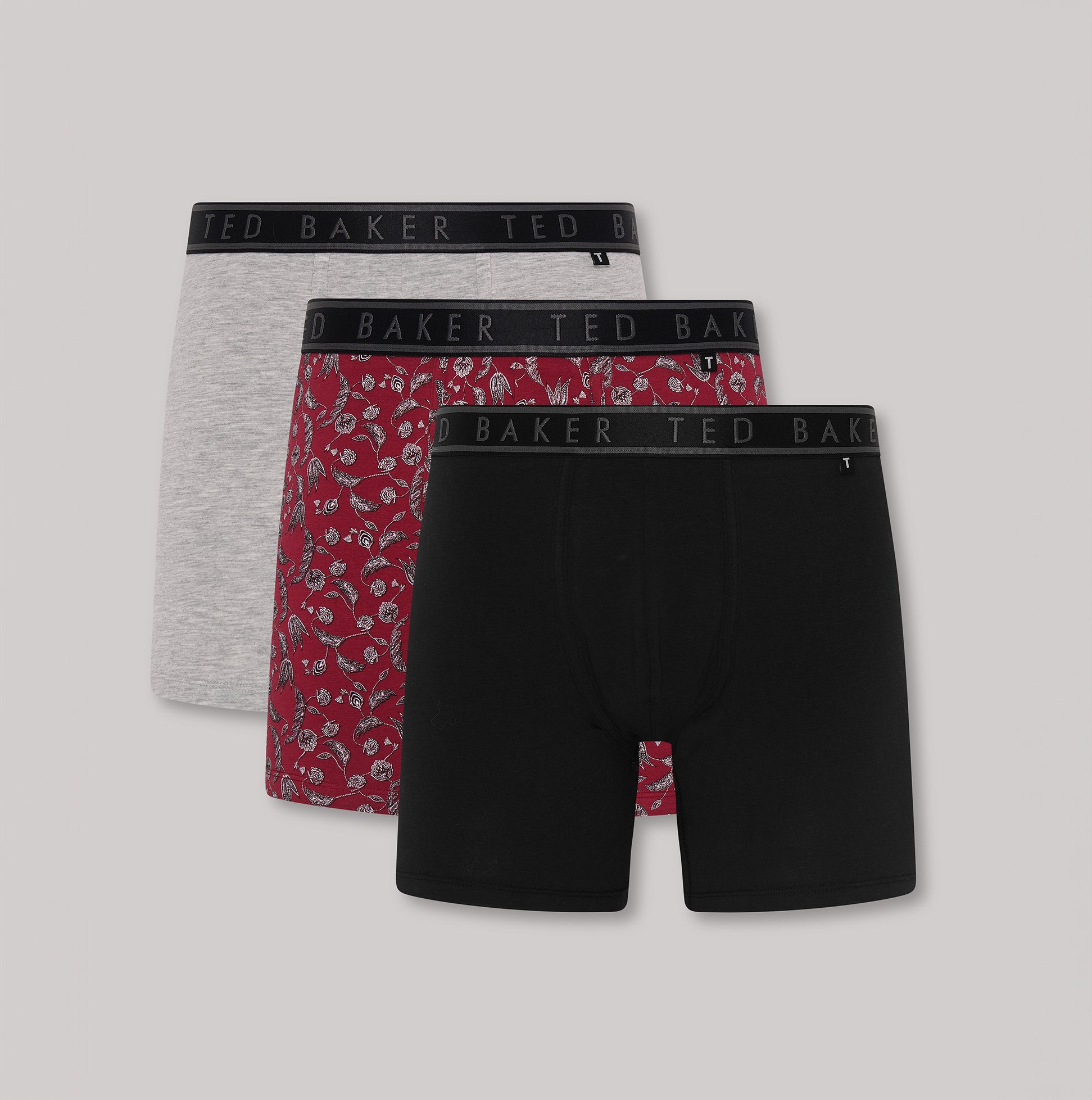 Ted Baker 3-Pack Cotton Boxer Briefs Mens Boxer Briefs Multi, front view showing black, grey, and patterned designs.
