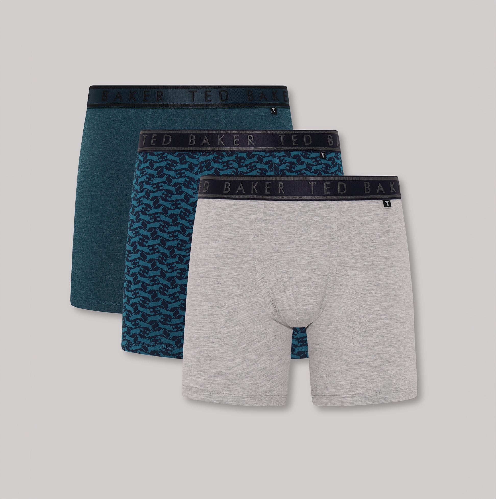 Ted Baker 3-Pack Cotton Boxer Briefs Mens Boxer Briefs Multi in grey and blue colors, front view showcasing the boxer designs.