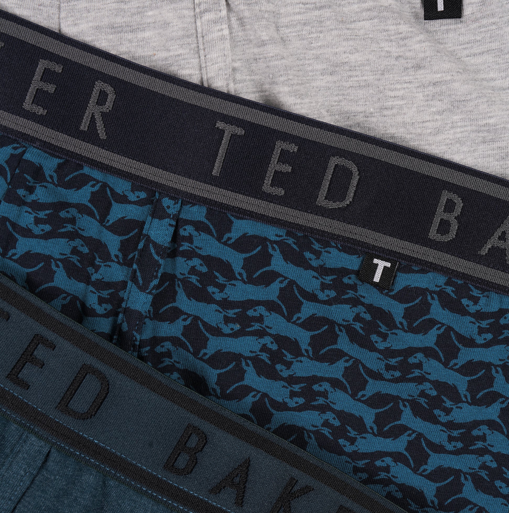 Ted Baker 3-Pack Cotton Boxer Briefs Mens Boxer Briefs Multi showing close-up view of waistband designs in assorted colors.