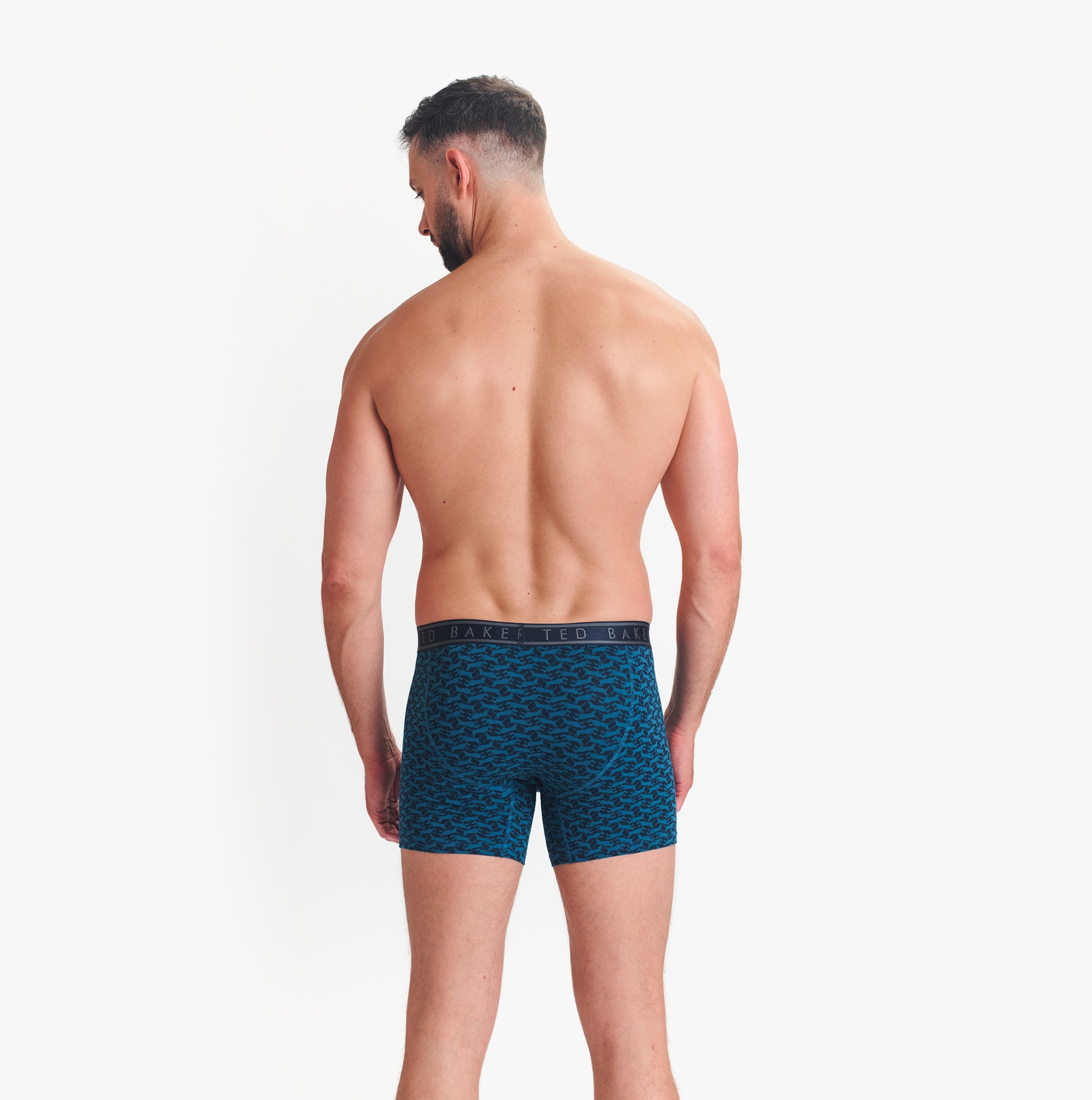 Ted Baker 3-Pack Cotton Boxer Briefs Mens Boxer Briefs Multi, back view of boxer briefs in blue with patterned design.
