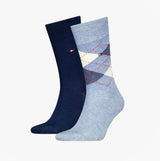 Tommy Hilfiger 2 Pack Mens Crew Checked Socks Blue Combo side view showcasing navy and light blue checked designs.