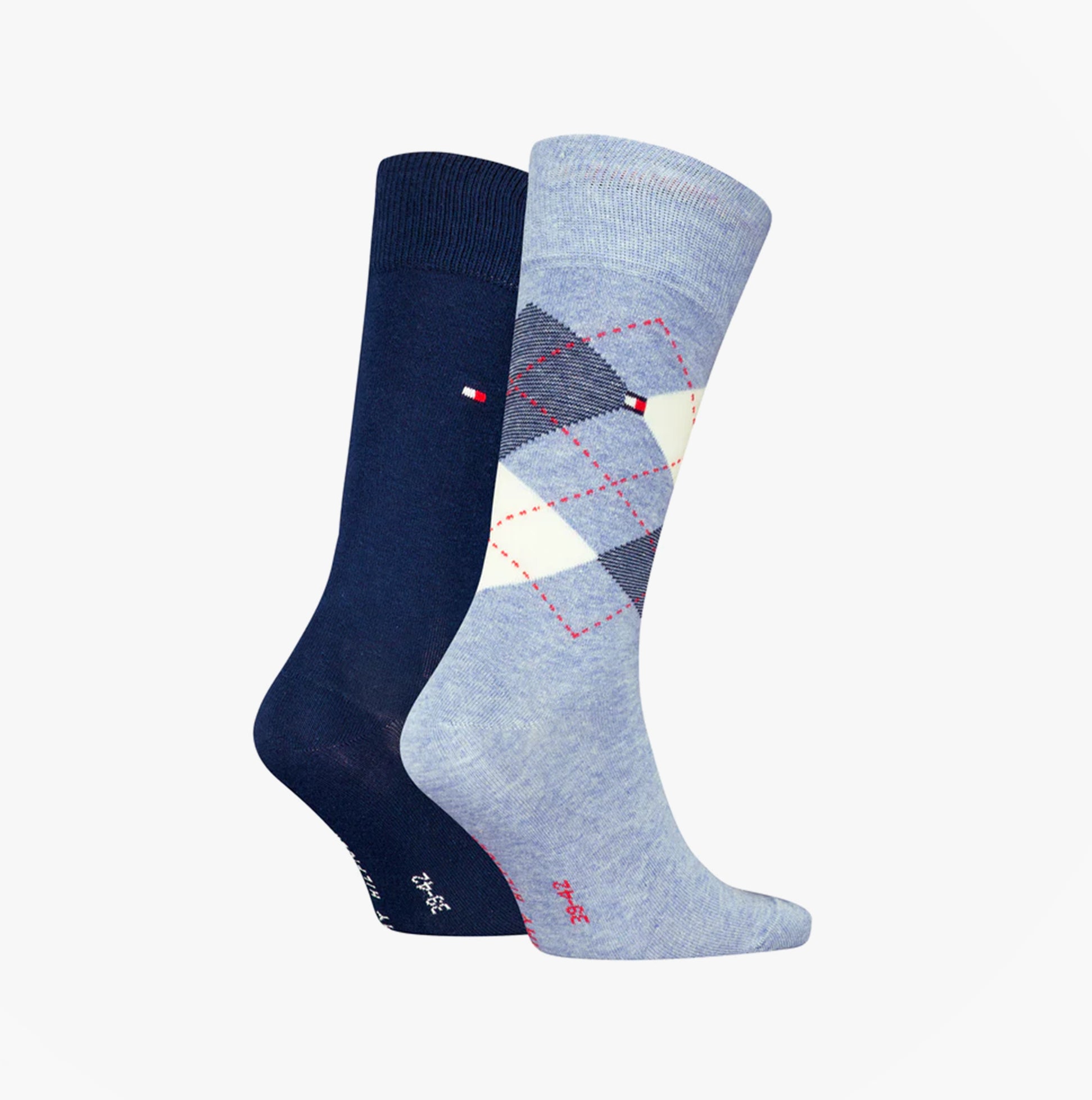 Tommy Hilfiger 2 Pack Mens Crew Checked Socks Blue Combo side view showcasing navy and light blue checked designs.