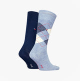 Tommy Hilfiger 2 Pack Mens Crew Checked Socks Blue Combo side view showcasing navy and light blue checked designs.