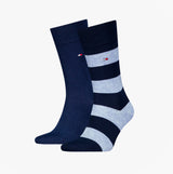 Tommy Hilfiger 2 Pack Mens Crew Stripe Socks Light Blue front view showing navy and gray striped designs.
