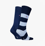 Tommy Hilfiger 2 Pack Mens Crew Stripe Socks Light Blue side view featuring striped and solid blue designs.