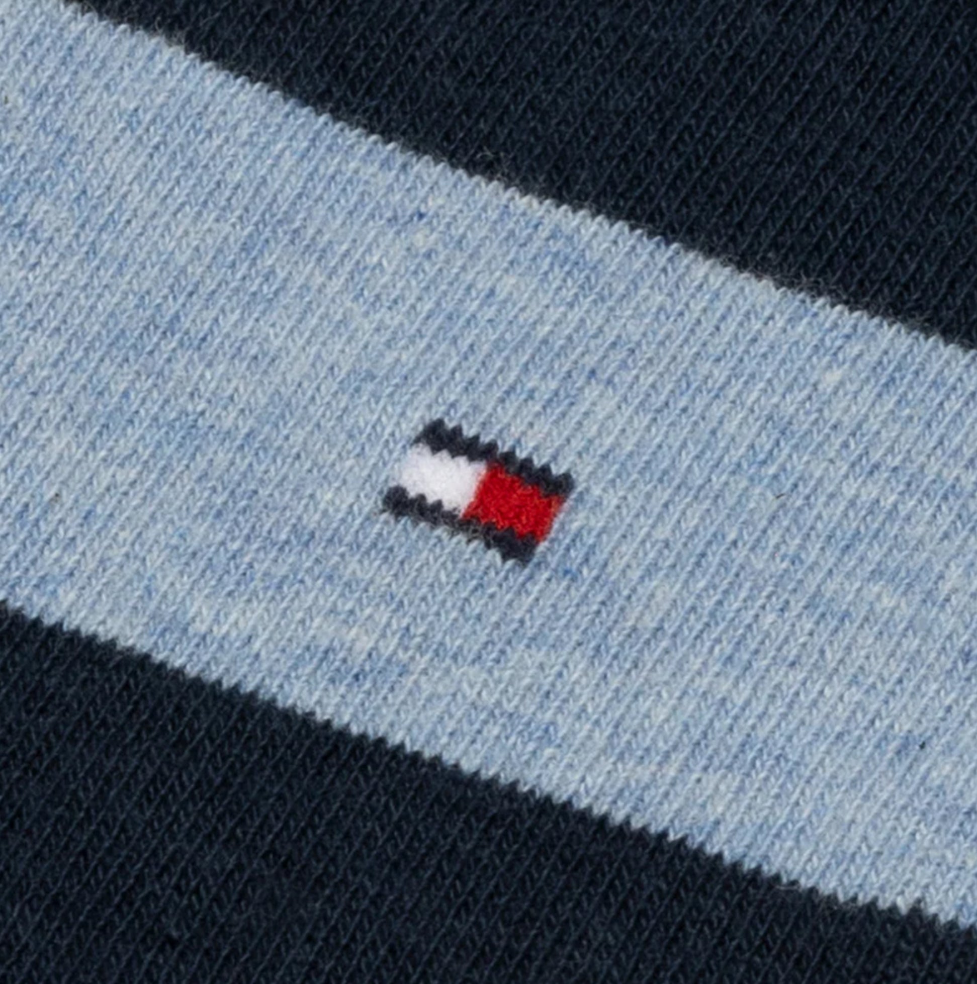 Tommy Hilfiger 2 Pack Mens Crew Stripe Socks Light Blue detail view showing logo and fabric texture.