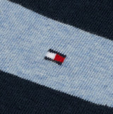 Tommy Hilfiger 2 Pack Mens Crew Stripe Socks Light Blue detail view showing logo and fabric texture.