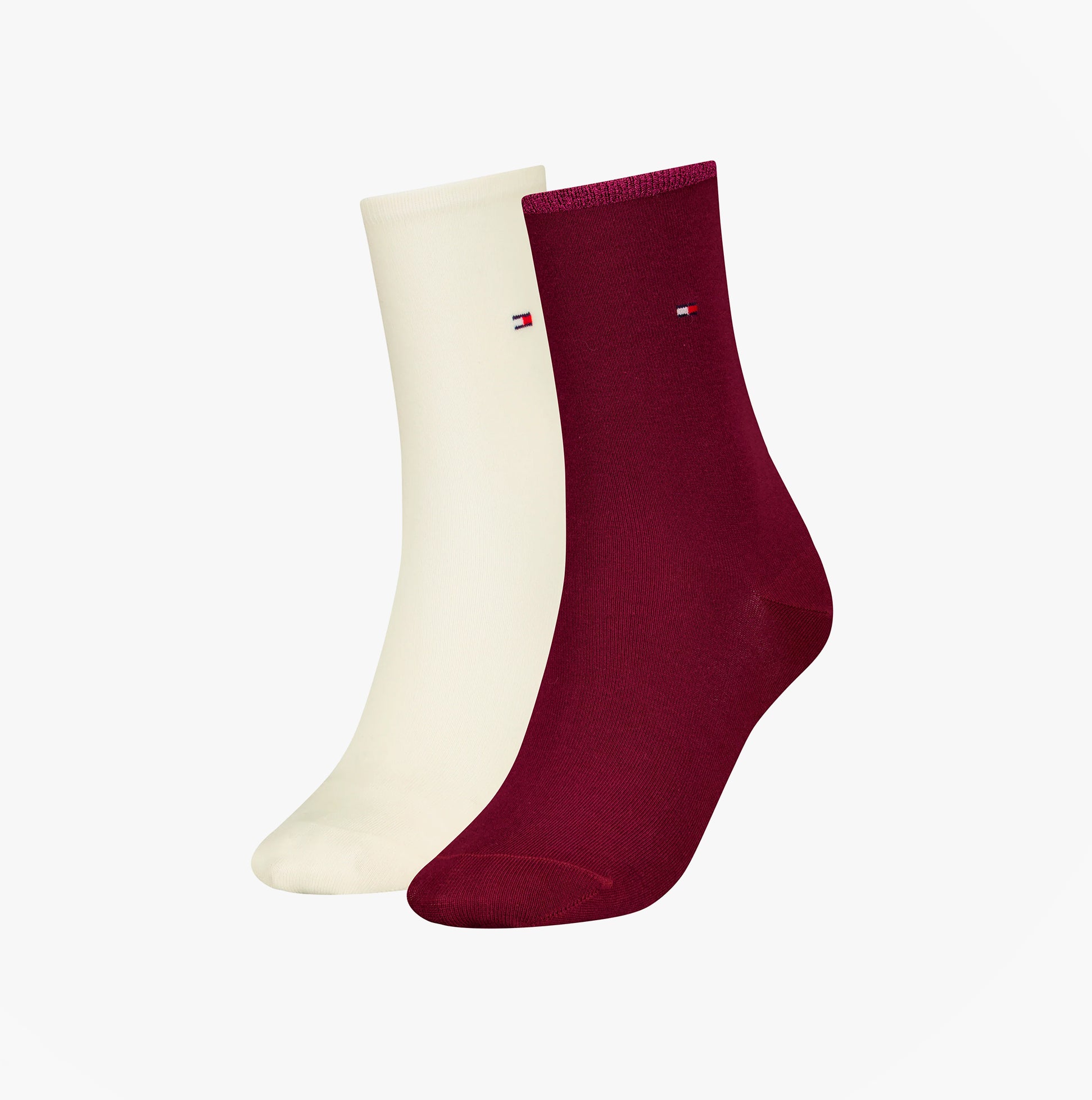 Tommy Hilfiger 2 Pack Womens Crew Socks Deep Rouge side view showing deep rouge and cream colors.