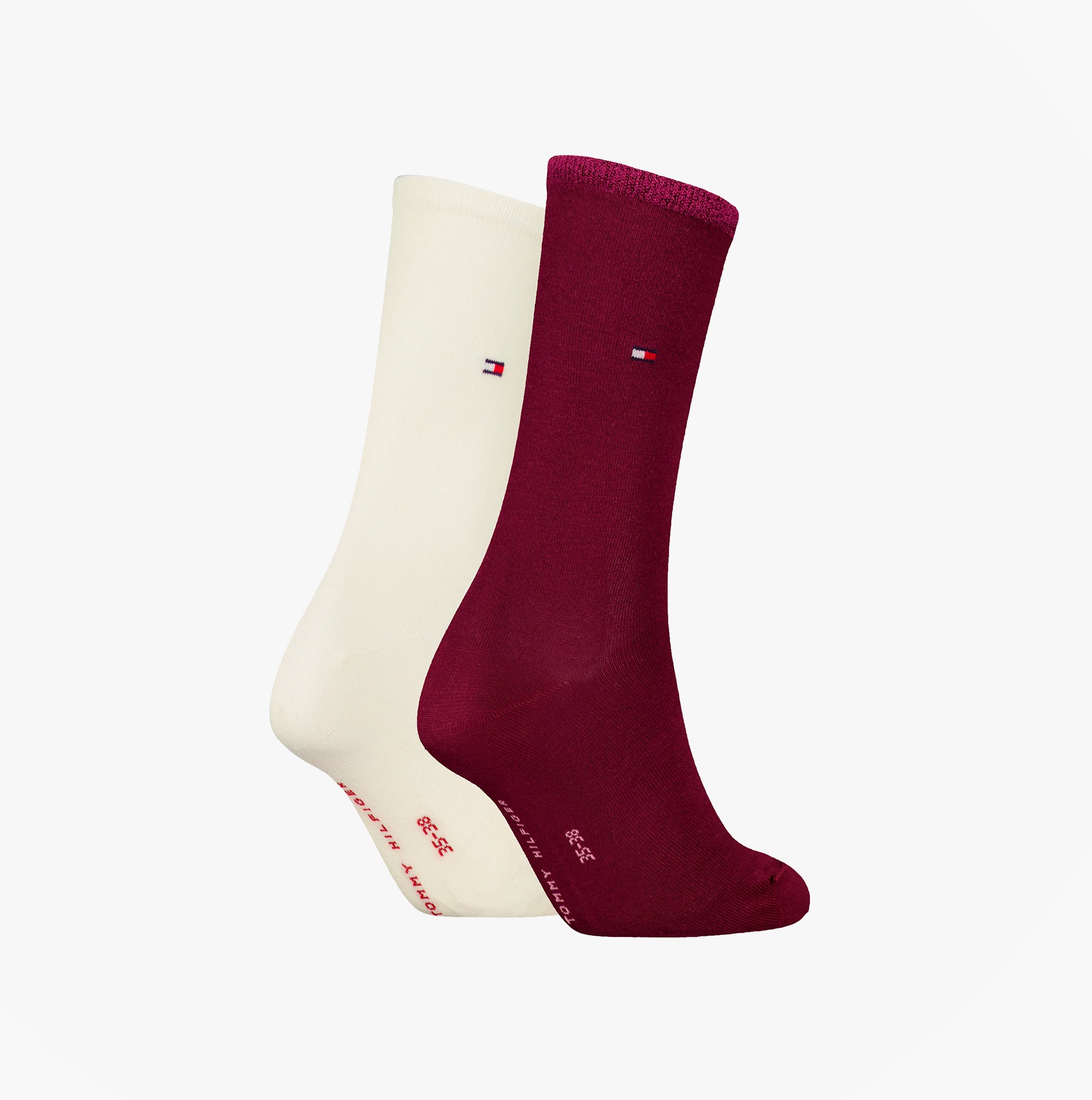 Tommy Hilfiger 2 Pack Womens Crew Socks Deep Rouge side view showing deep rouge and cream colors.