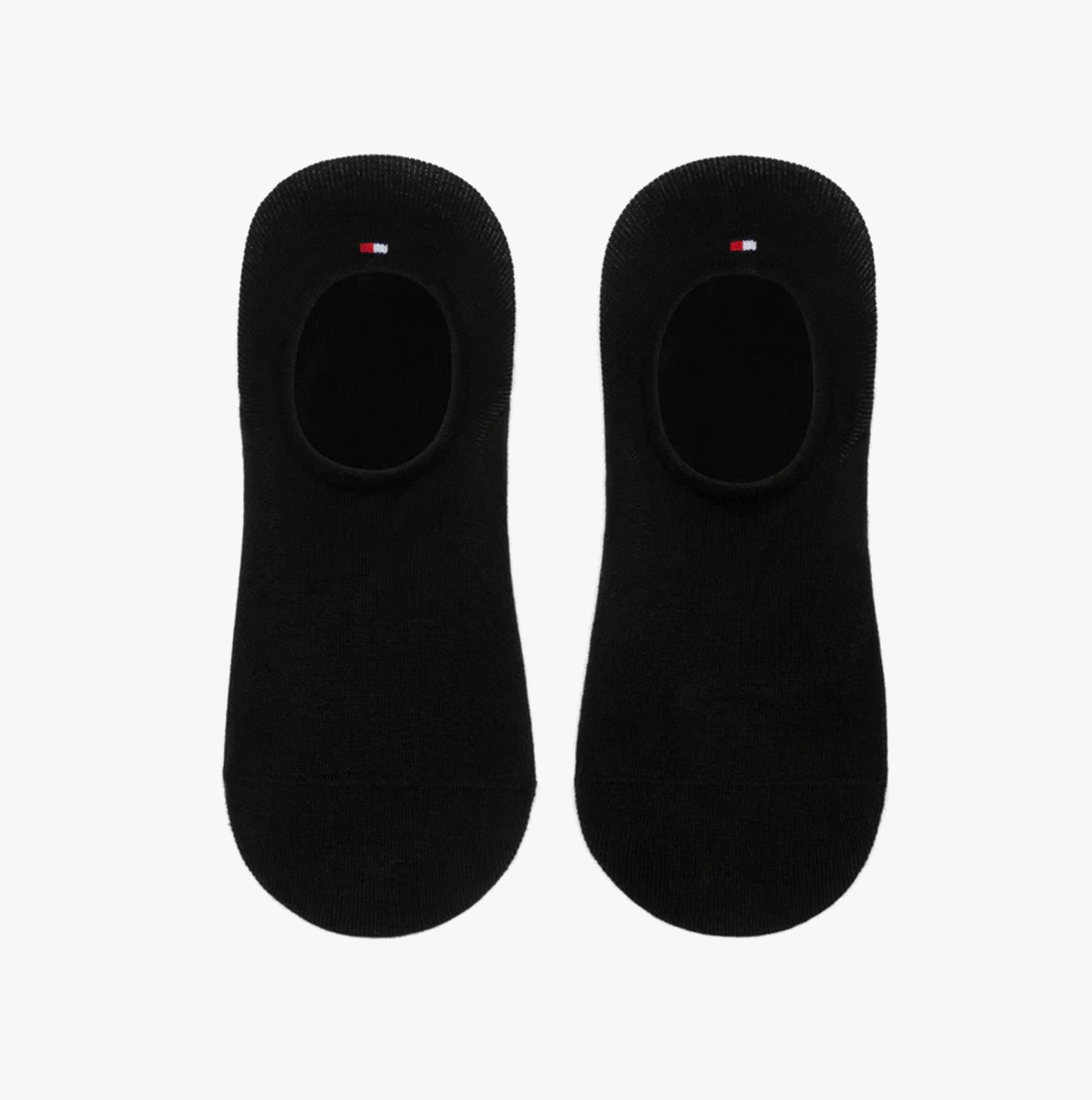 Tommy Hilfiger 2 Pack Womens Invisible Socks Black top view showing both socks with logo.
