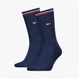 Tommy Hilfiger 2 Pack Trainer Mens Crew Socks Navy side view displaying stylish design and colors.