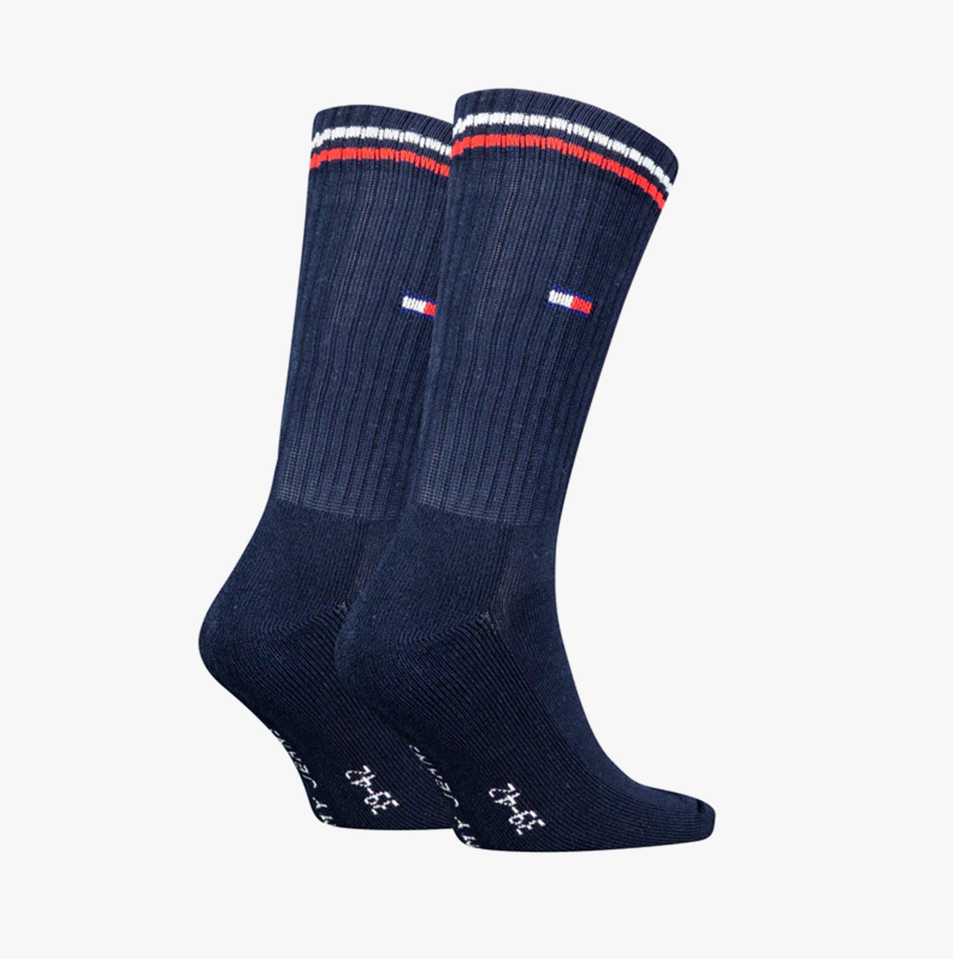 Tommy Hilfiger 2 Pack Trainer Mens Crew Socks Navy side view, showcasing ribbed design and logo detail.