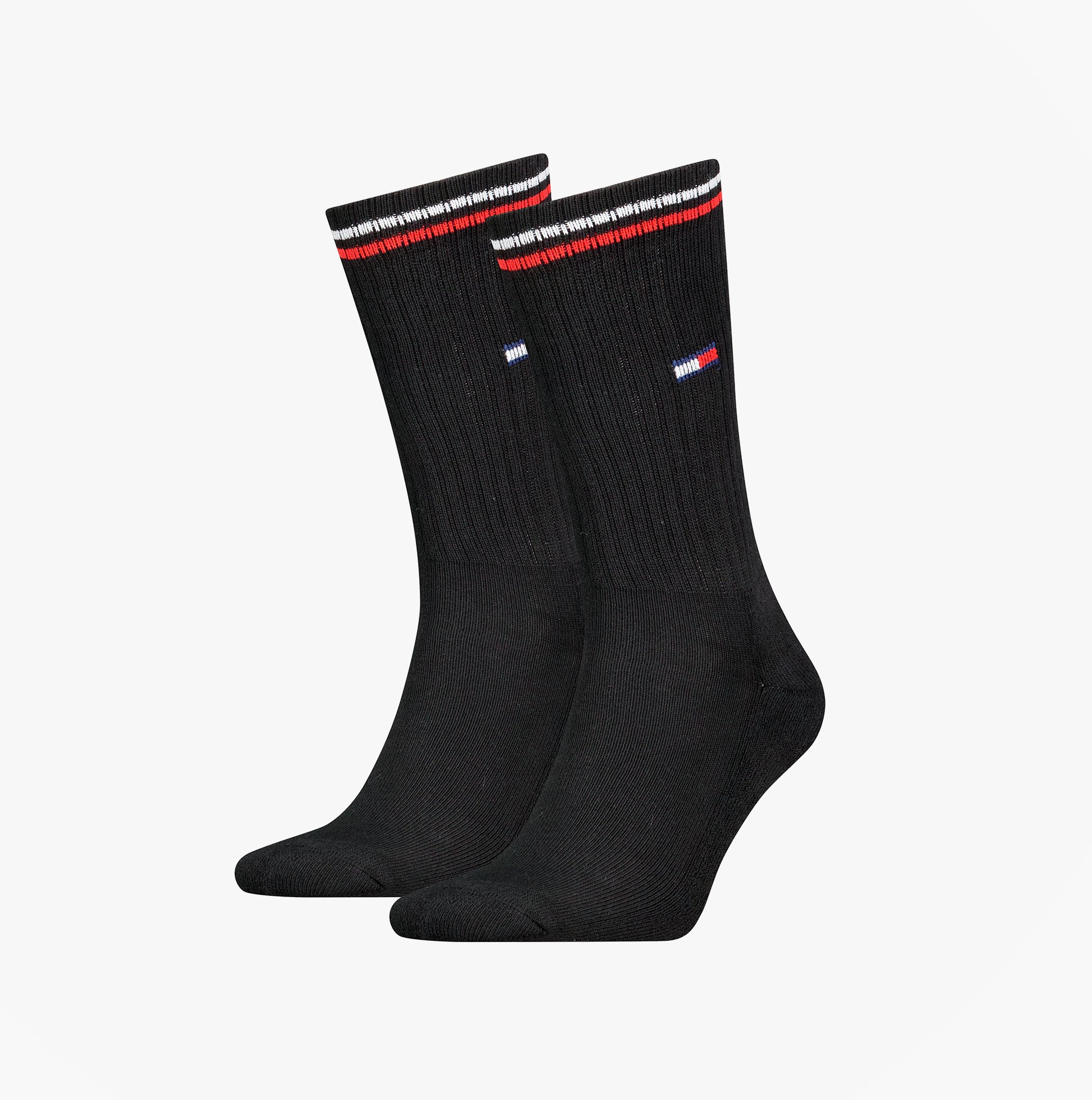 Tommy Hilfiger 2 Pack Trainer Mens Crew Socks Black side view showing the black socks with red and white stripes.