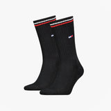 Tommy Hilfiger 2 Pack Trainer Mens Crew Socks Black side view showing the black socks with red and white stripes.