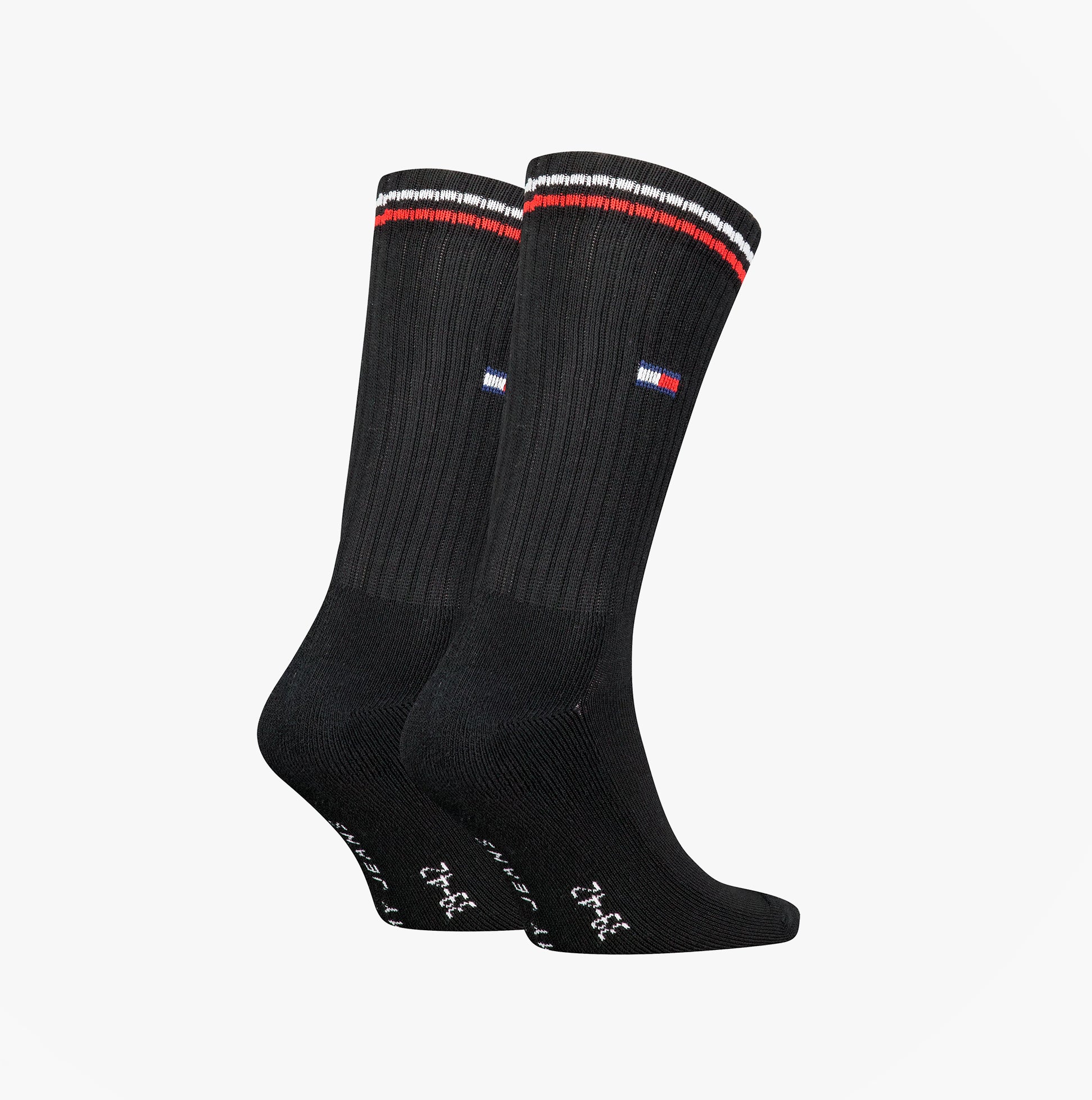 Tommy Hilfiger 2 Pack Trainer Mens Crew Socks Black side view showing ribbed design and logo detail.
