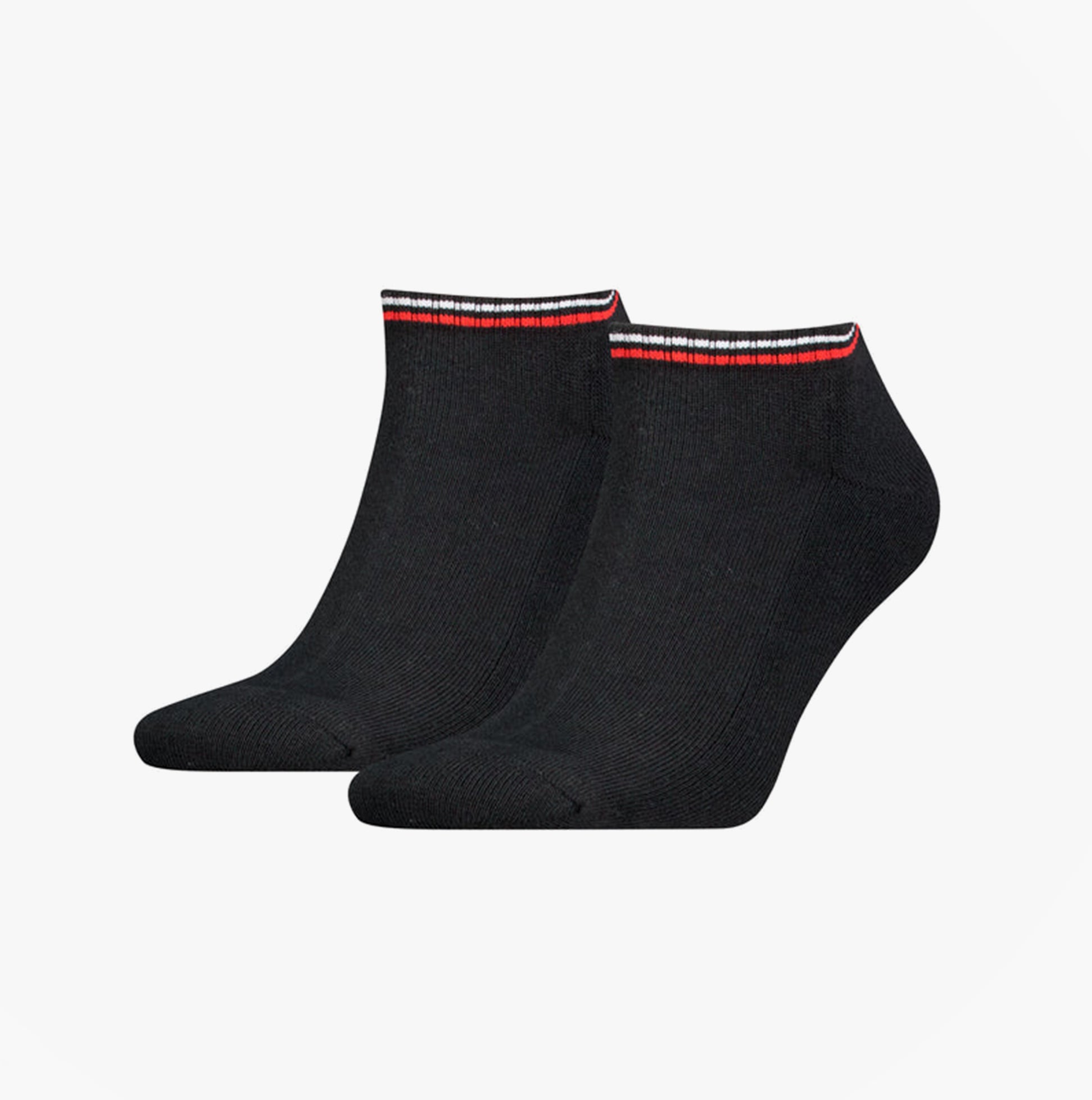 Tommy Hilfiger 2 Pack Trainer Mens Ankle Socks Black side view showcasing the black color and red-striped details.