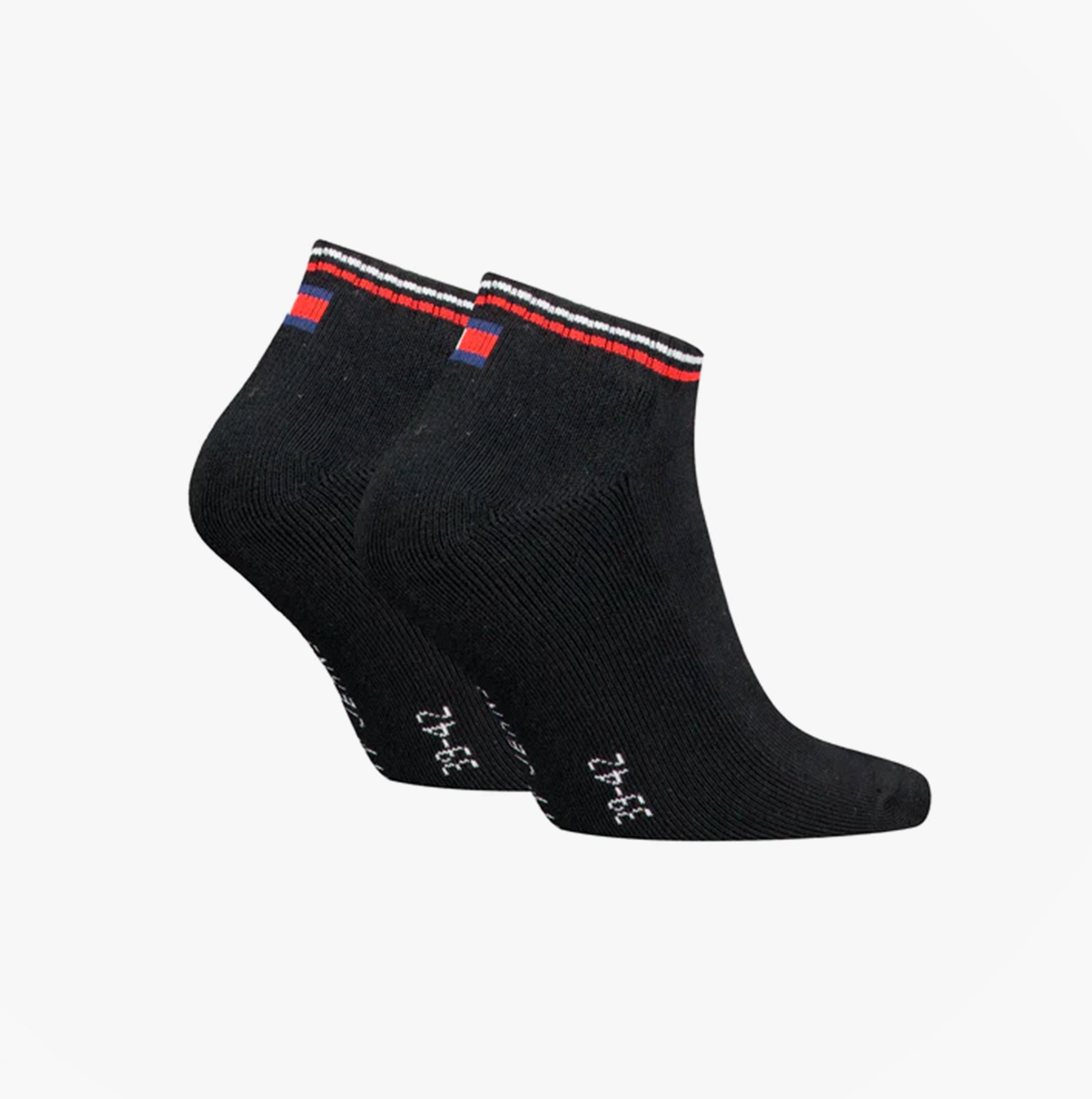 Tommy Hilfiger 2 Pack Trainer Mens Ankle Socks Black side view showcasing the design and pattern.