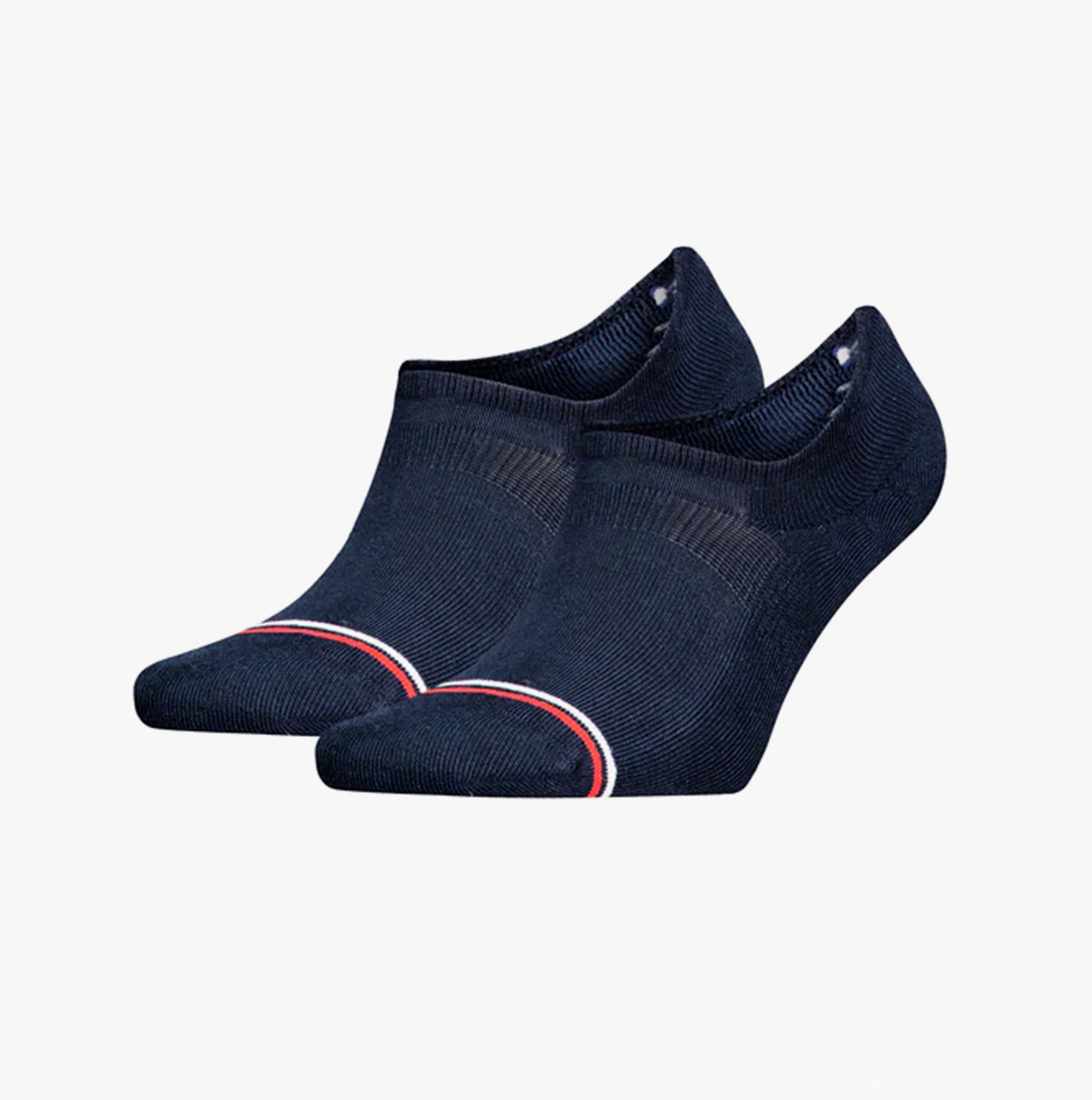 Tommy Hilfiger 2 Pack Trainer Mens Invisible Socks Navy side view showing navy fabric and red stripe detailing.